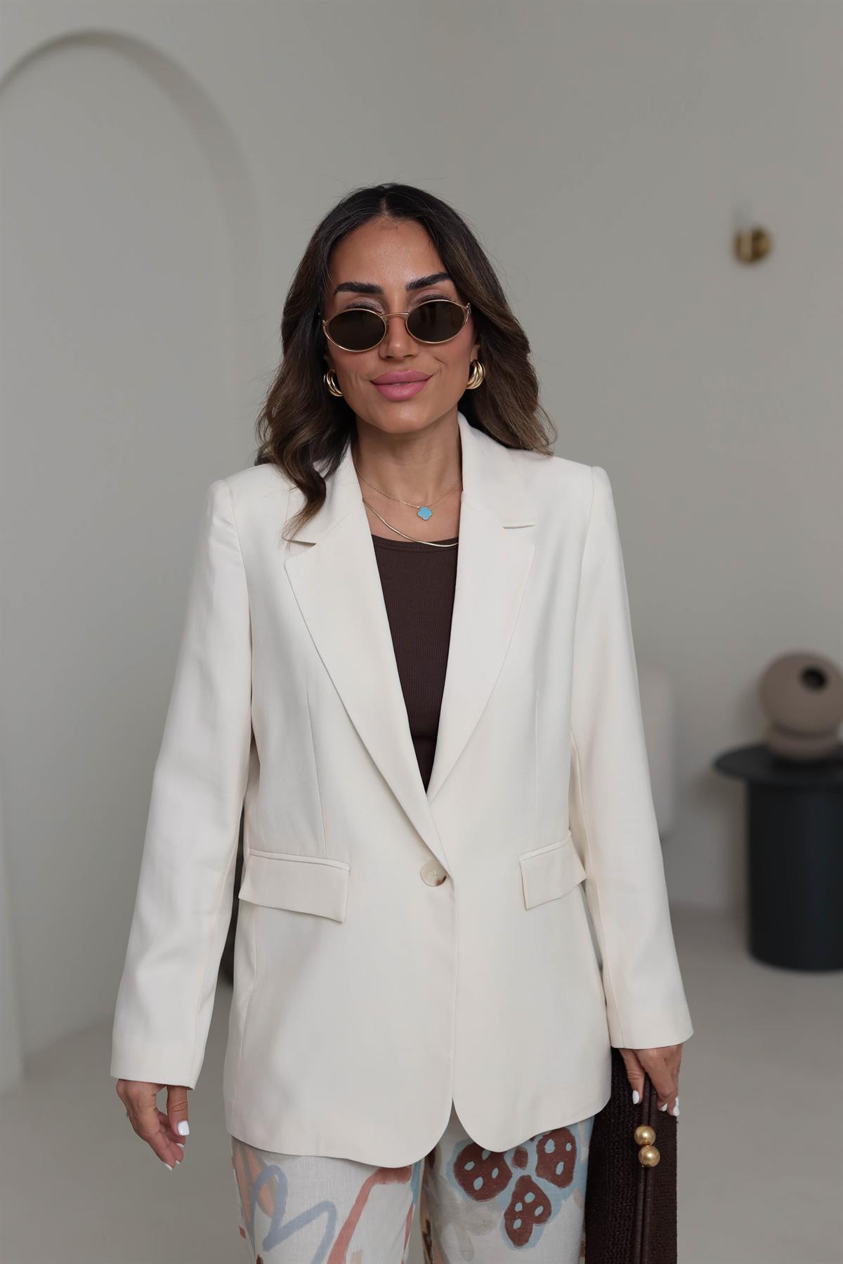 6757 Tencel Tek Düğme Blazer Ceket KREM