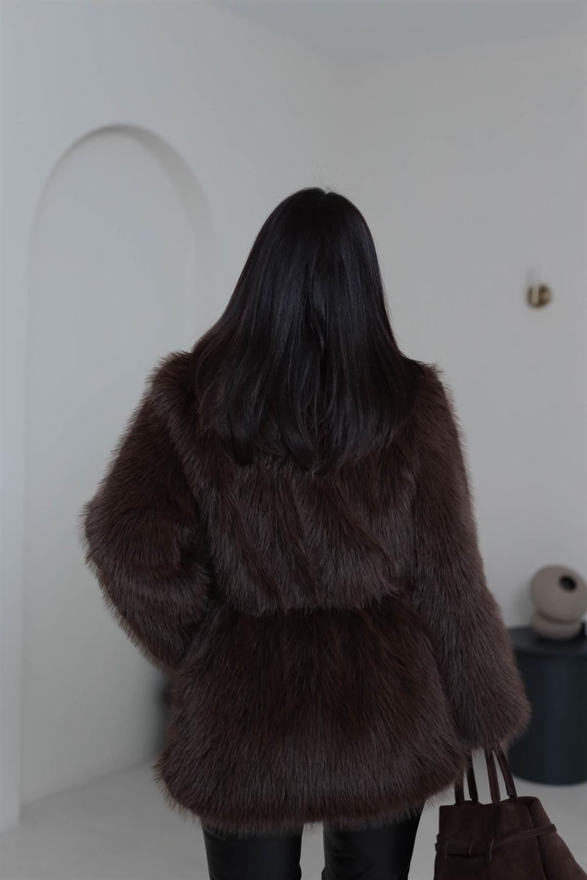 Yakalı Kemerli Suni Kürk Kaban KAHVE