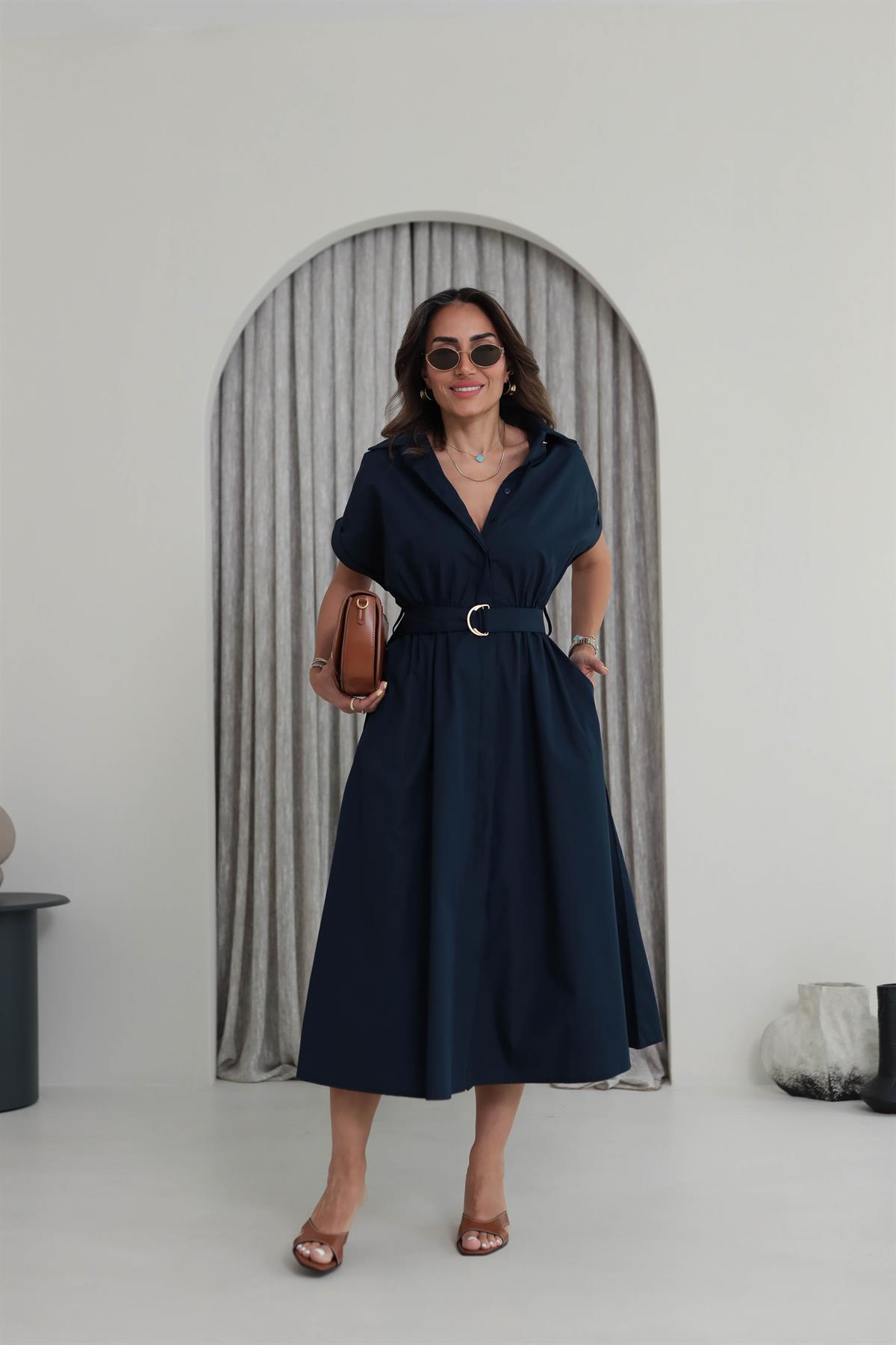 02075 Kısa Kol Kemerli Gömlek Elbise LACİVERT