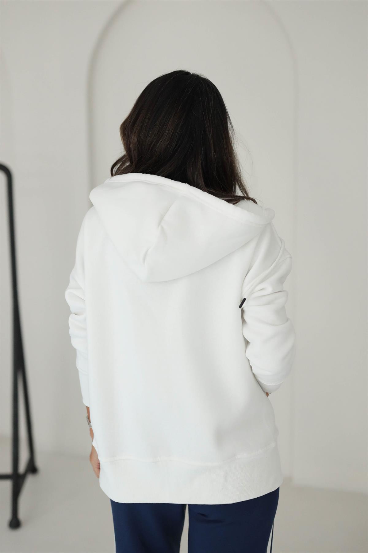 0068 Kapşonlu Fermuarlı Sweatshirt BEYAZ