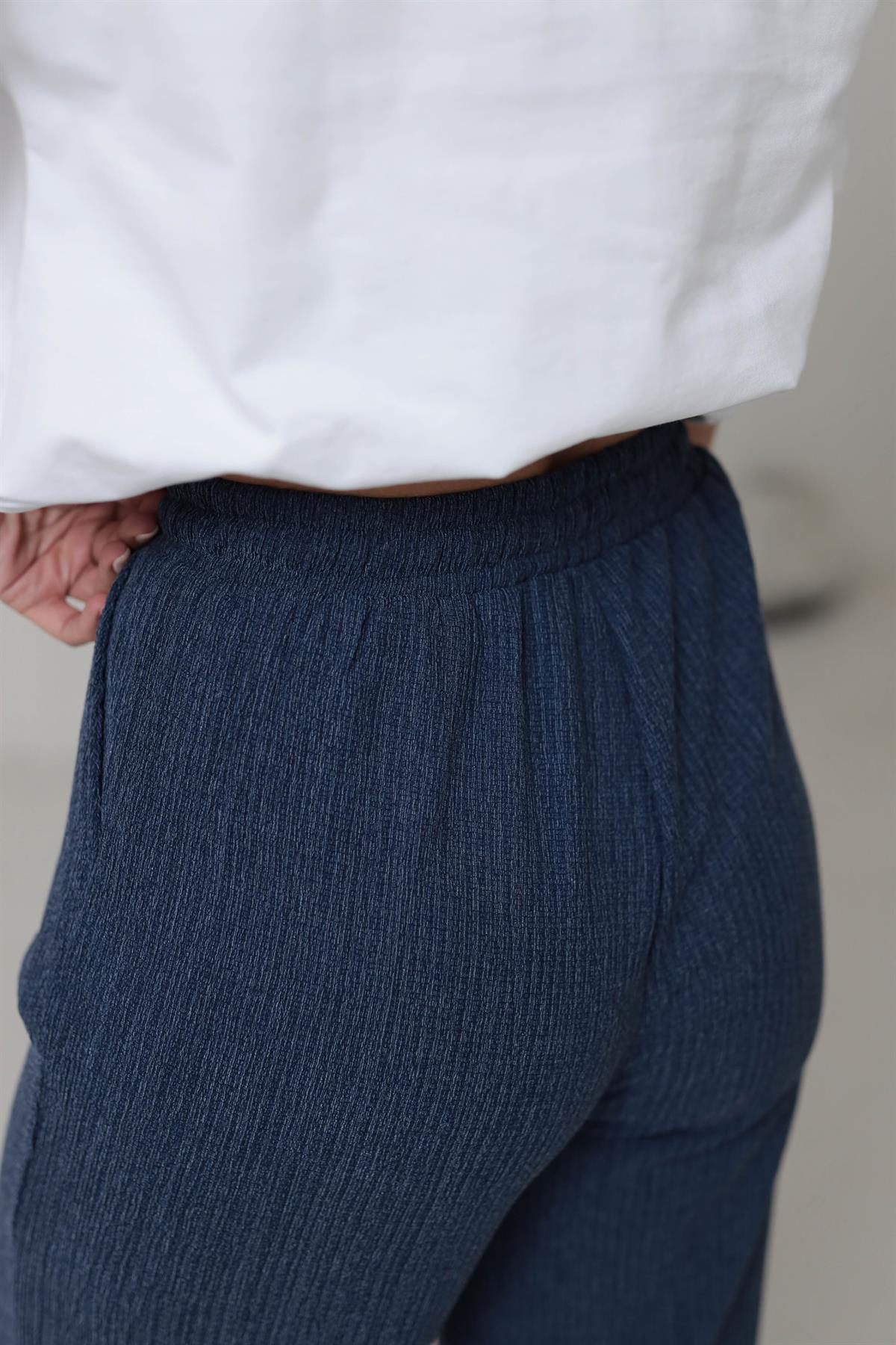 6525 Beli Lastikli Bürümcük Kumaş Rahat Pantolon LACİVERT