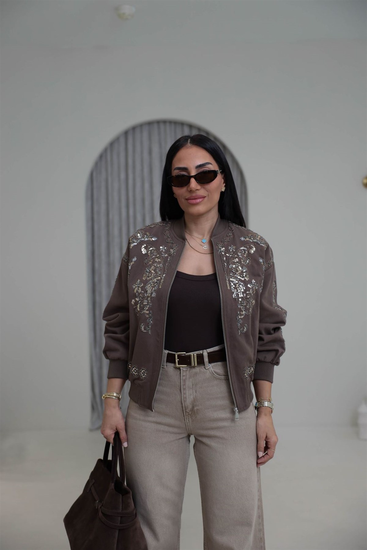 9928 Pul ve Boncuk İşlemeli Bomber Ceket KAHVE
