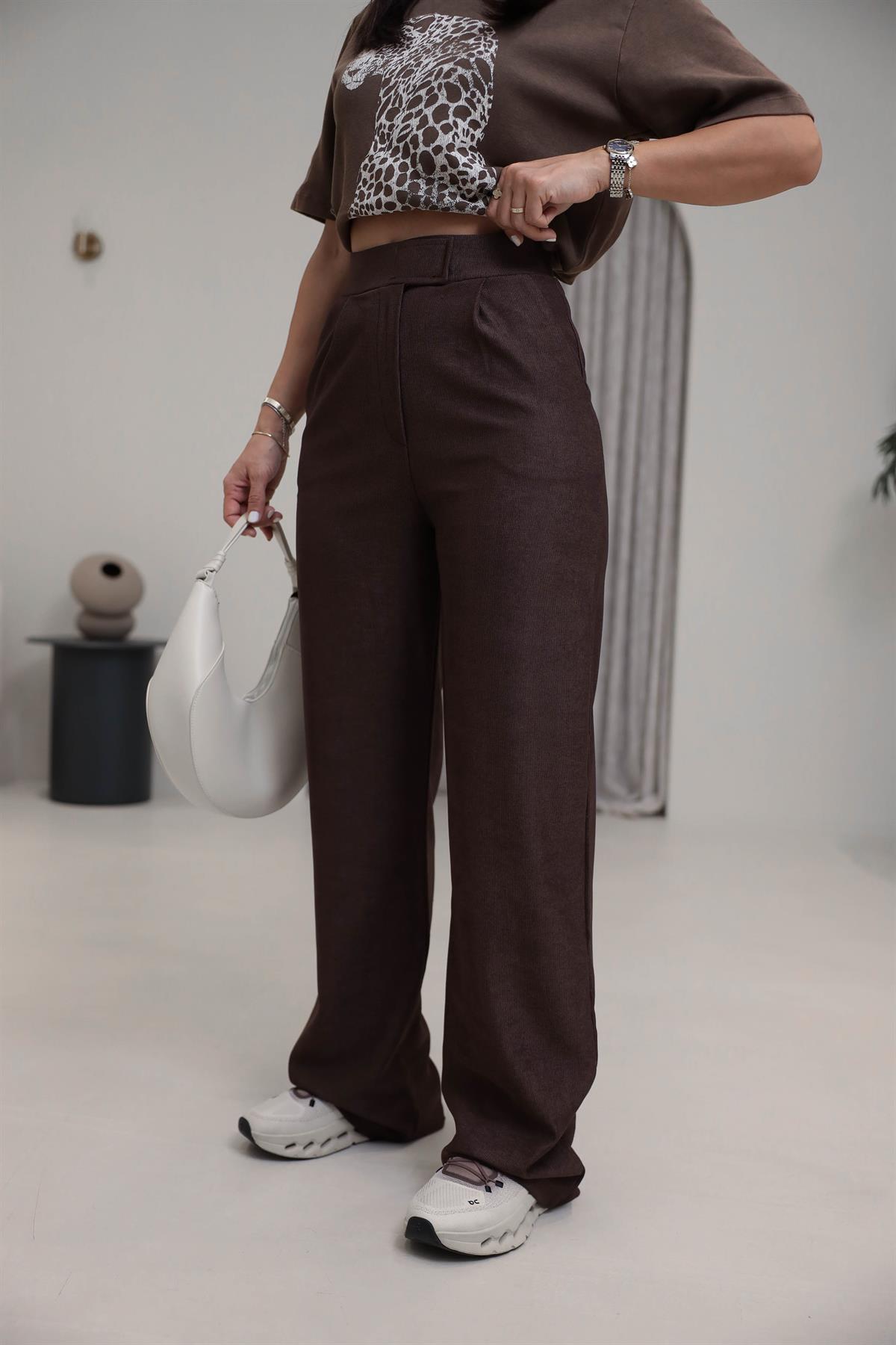 3997 Cırtlı Likralı Dokulu Pantolon KAHVE