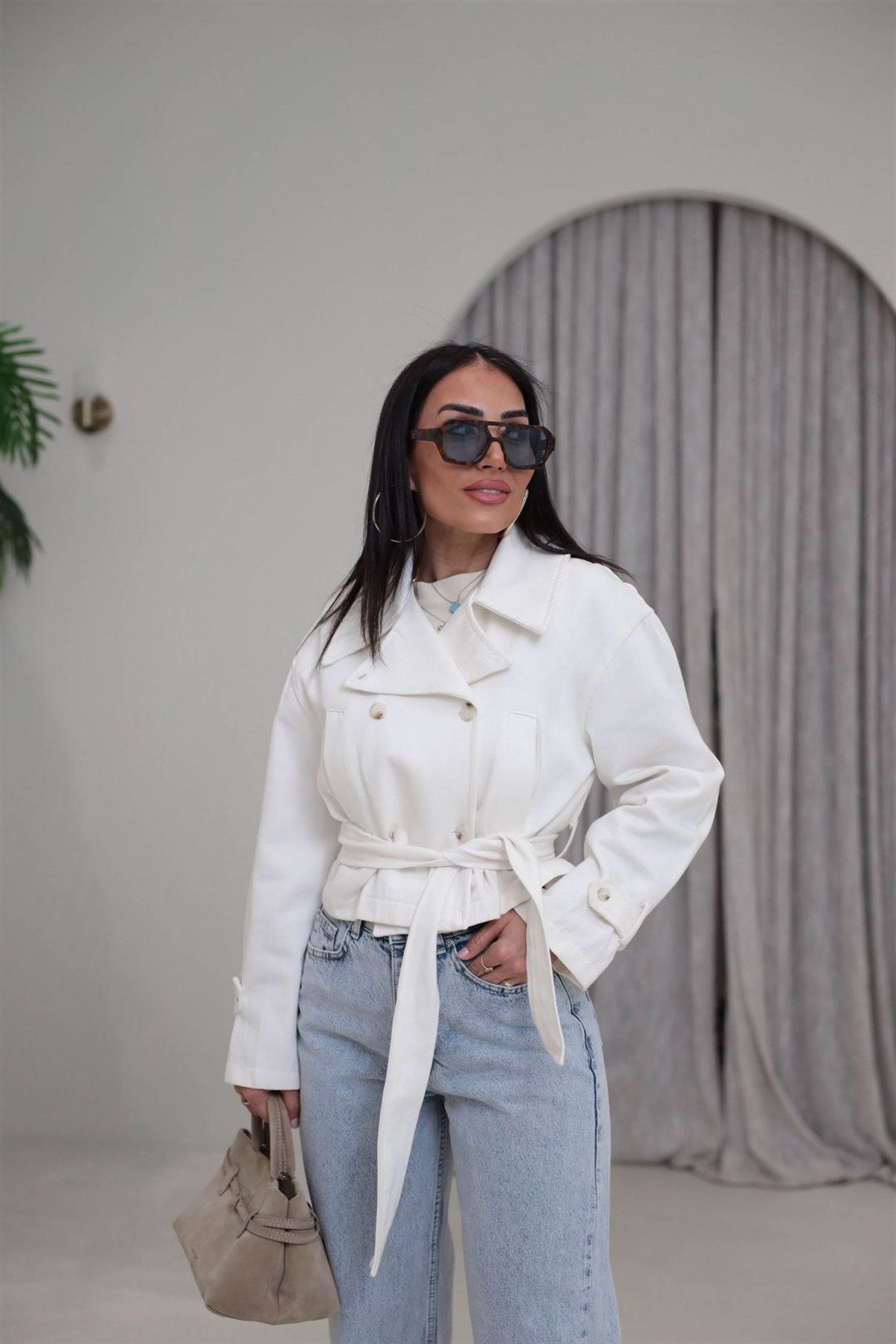 1185 Geniş Yakalı Düğmeli Pamuklu Ceket EKRU