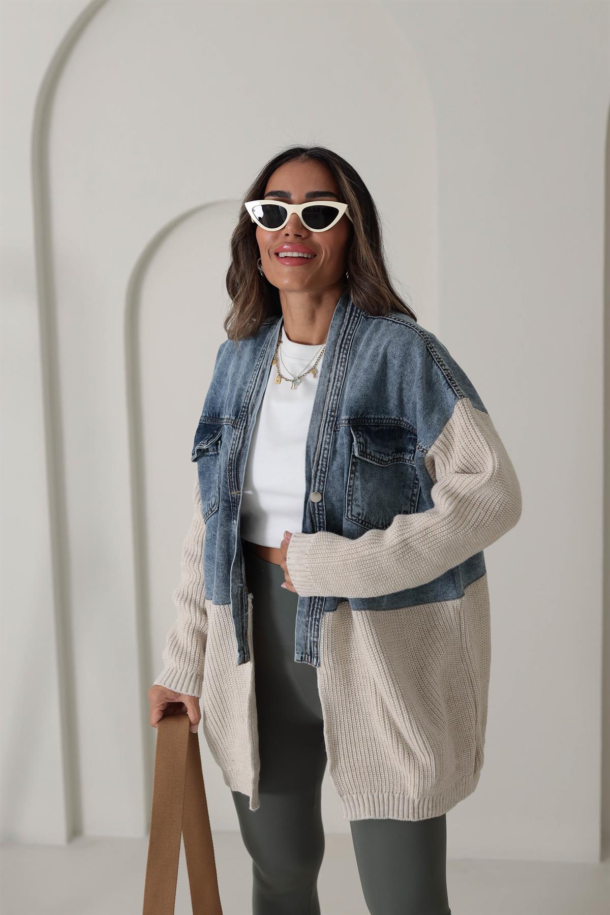 4139 Tasarım Triko ve Kot Garnili Ceket Hırka BEJ