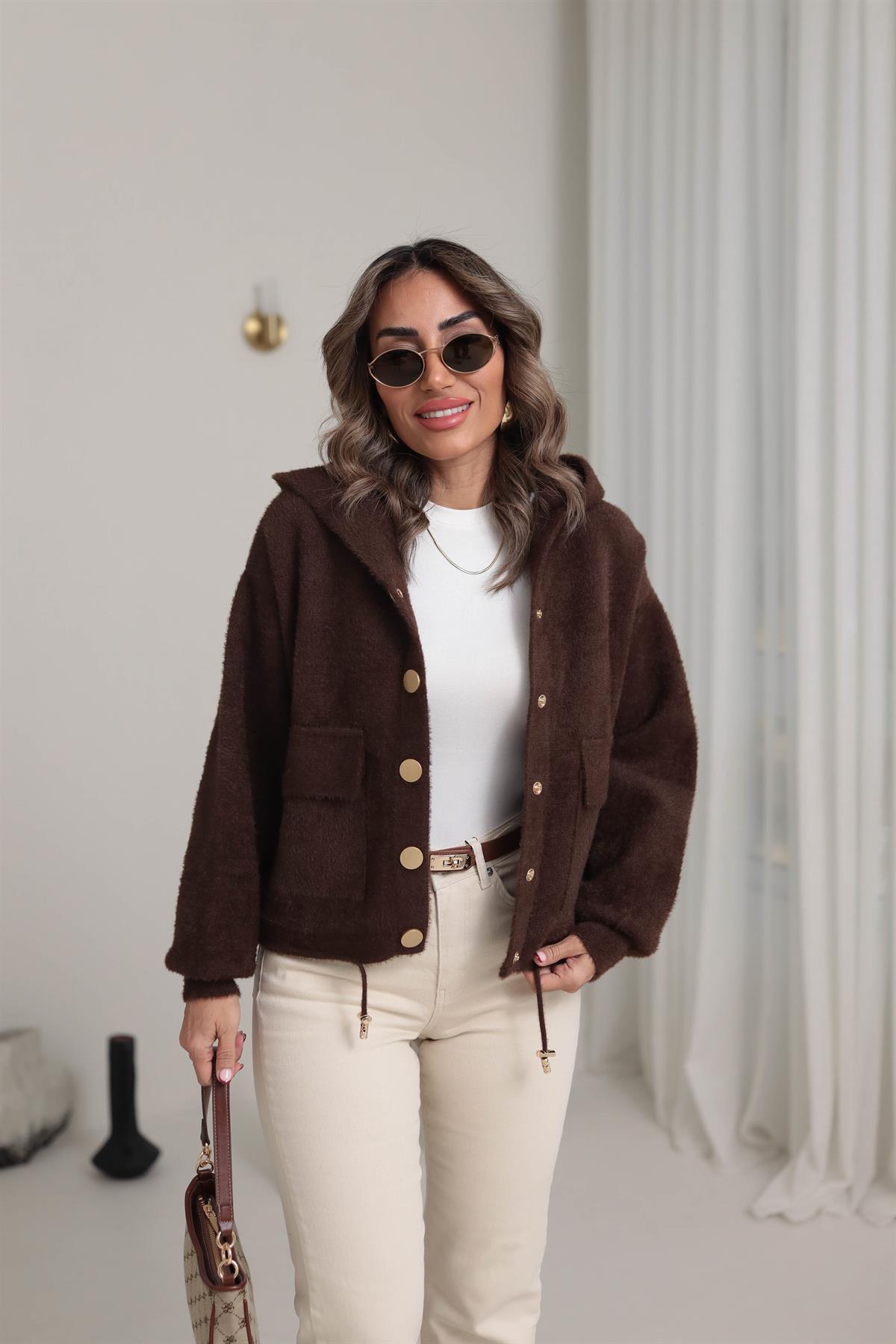 4944 Angora Kapşonlu Gold Düğmeli Hırka ACI KAHVE