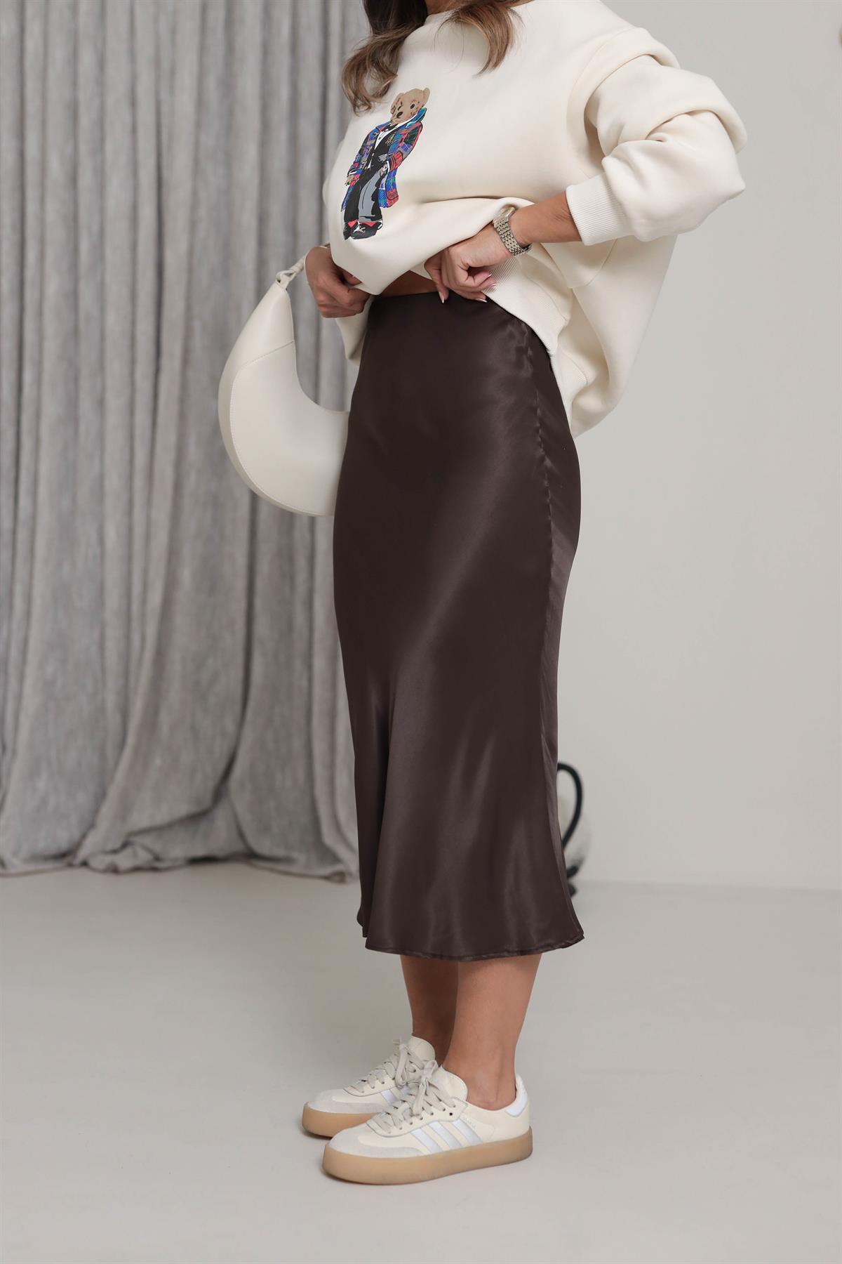 6502 İpek Saten Verev Etek ACI KAHVE