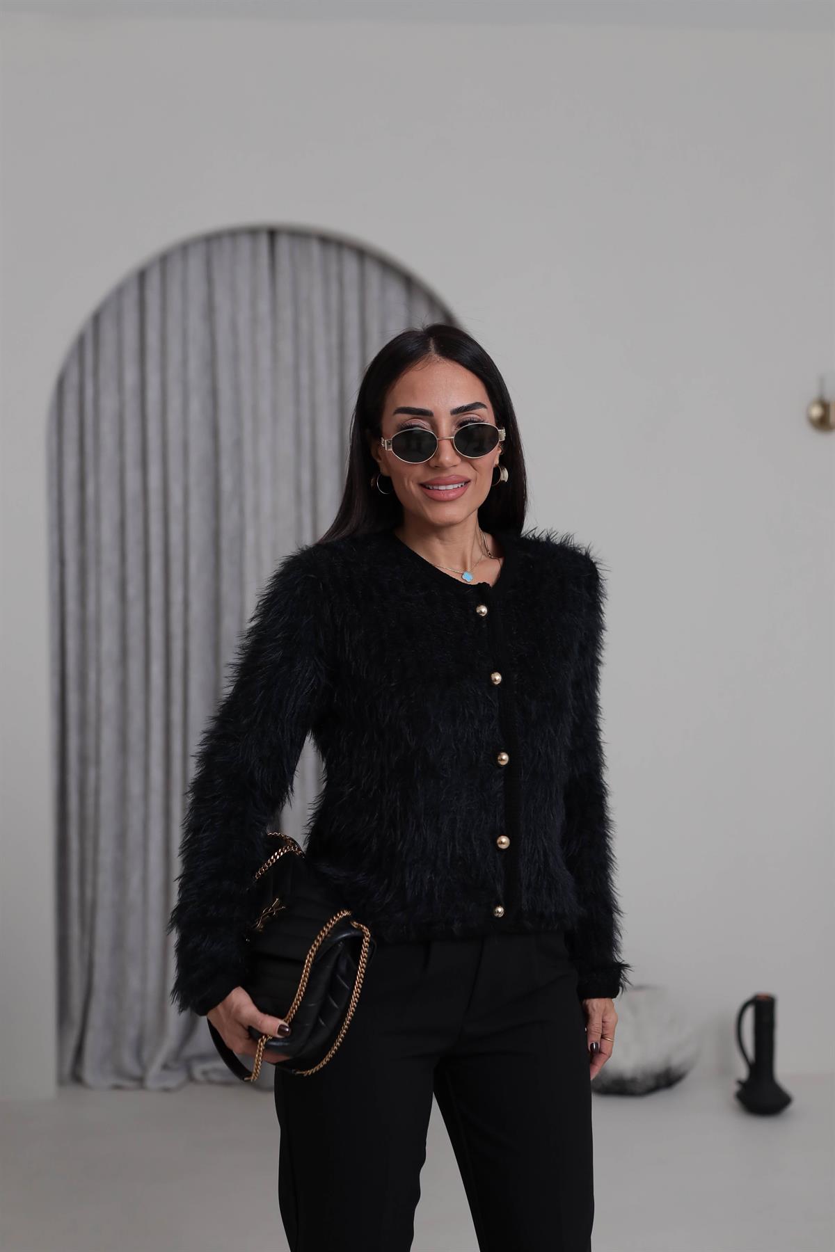 4938 Gold Düğme Detaylı Sakalı Hırka SİYAH