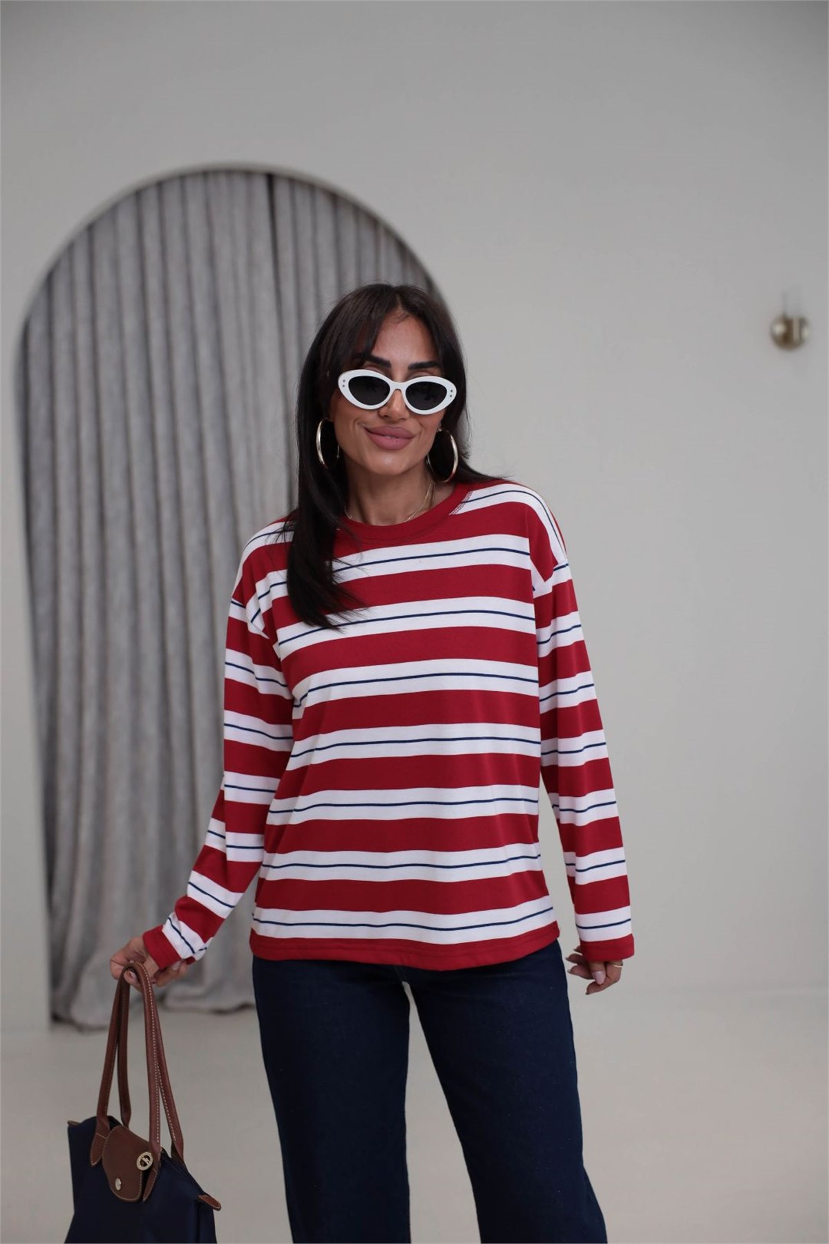 6357 Çizgi Detaylı Yumuşak Kumaş Sweatshirt KIRMIZI