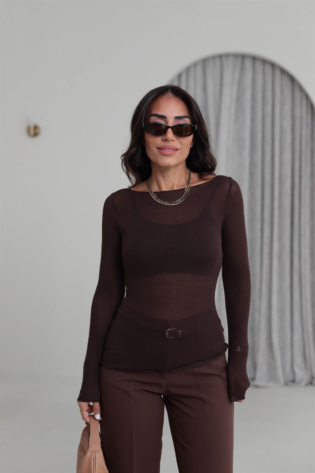 6641 Geniş Yaka Yumuşak Dokulu Bluz KAHVE