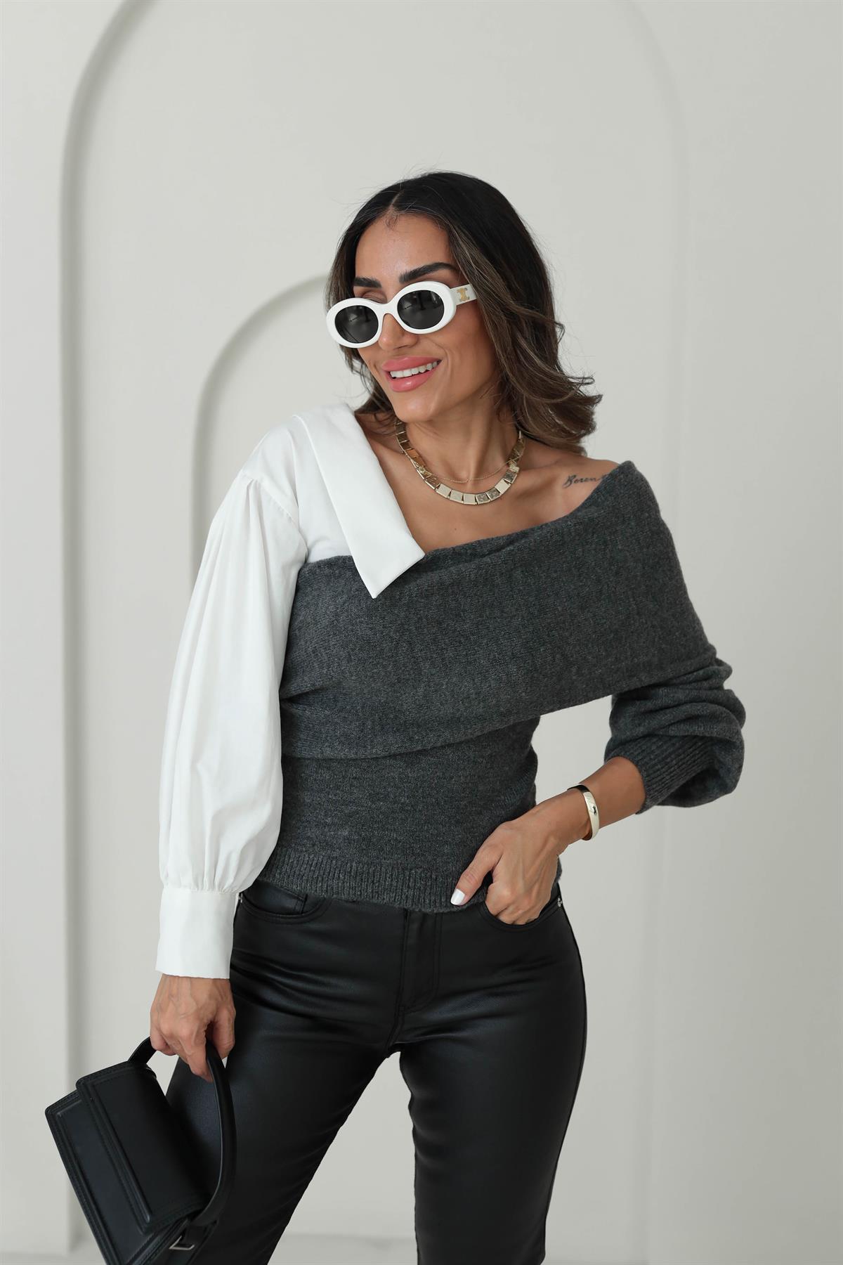 4256 Gömlek Garnili Triko Bluz ANTRASİT