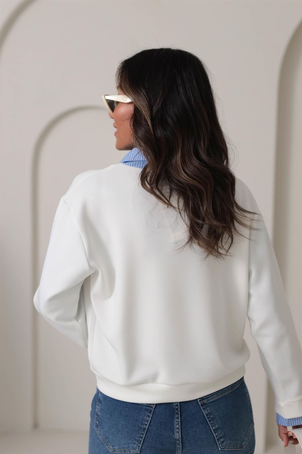 2900 Gömlek Yaka Mixli Poplin Modal Sweatshirt