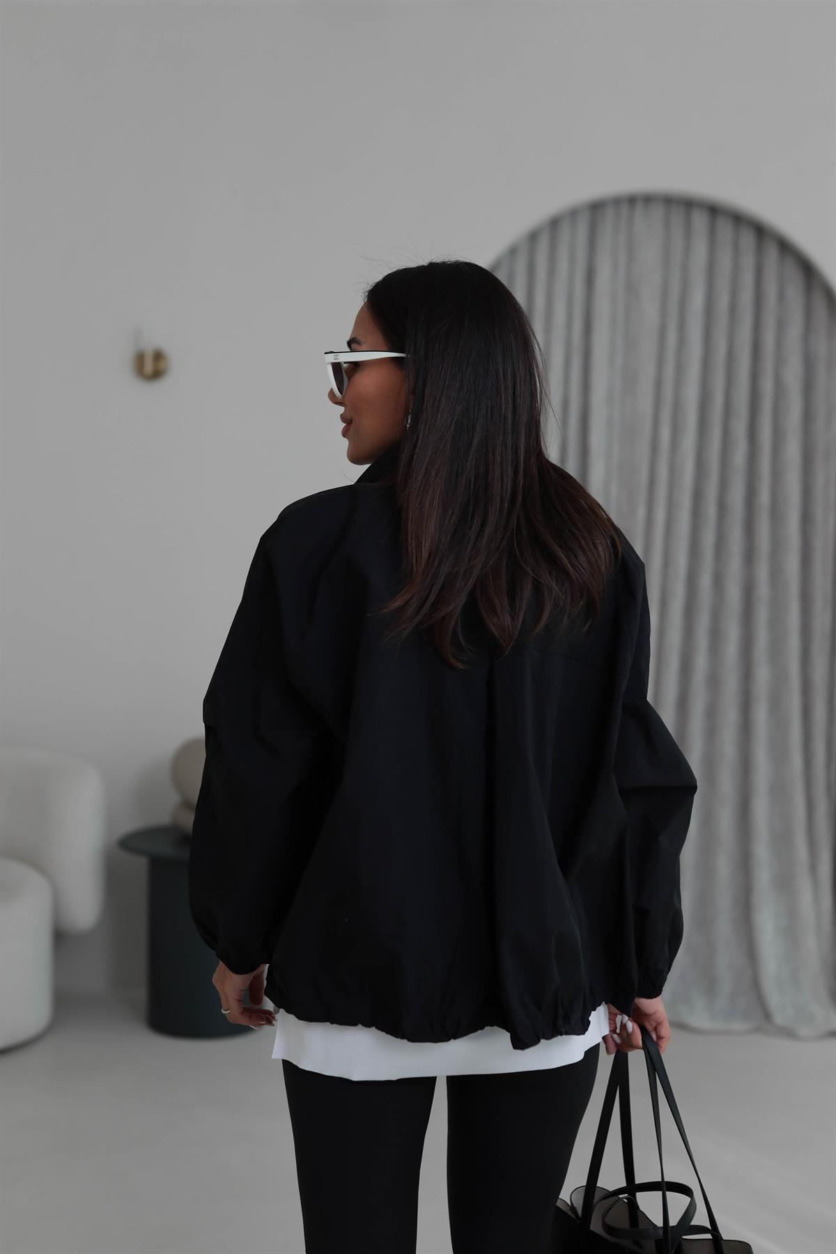 6721 Dik Yaka Düğmeli Fermuarlı Bomber Ceket SİYAH