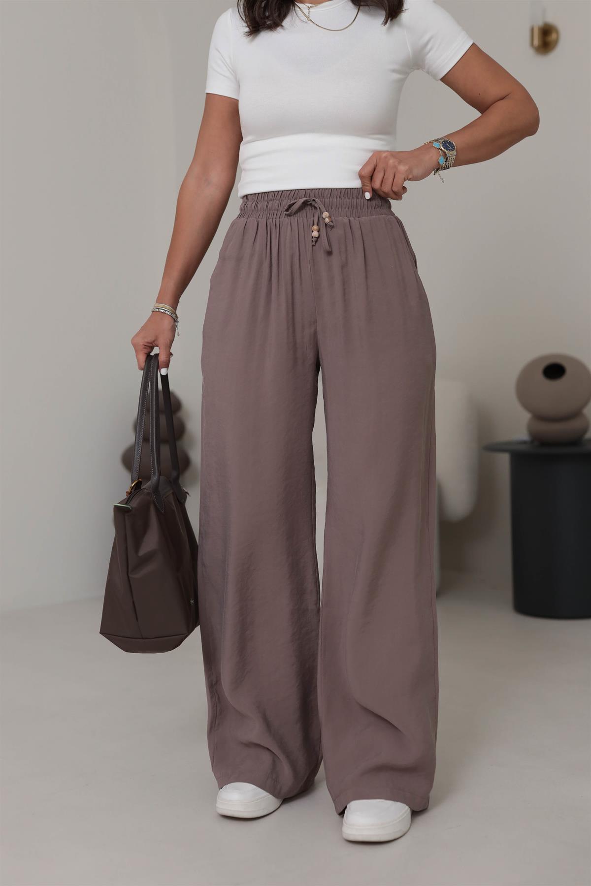 0253 Bel Lastikli Tencel Rahat Pantolon KAHVE