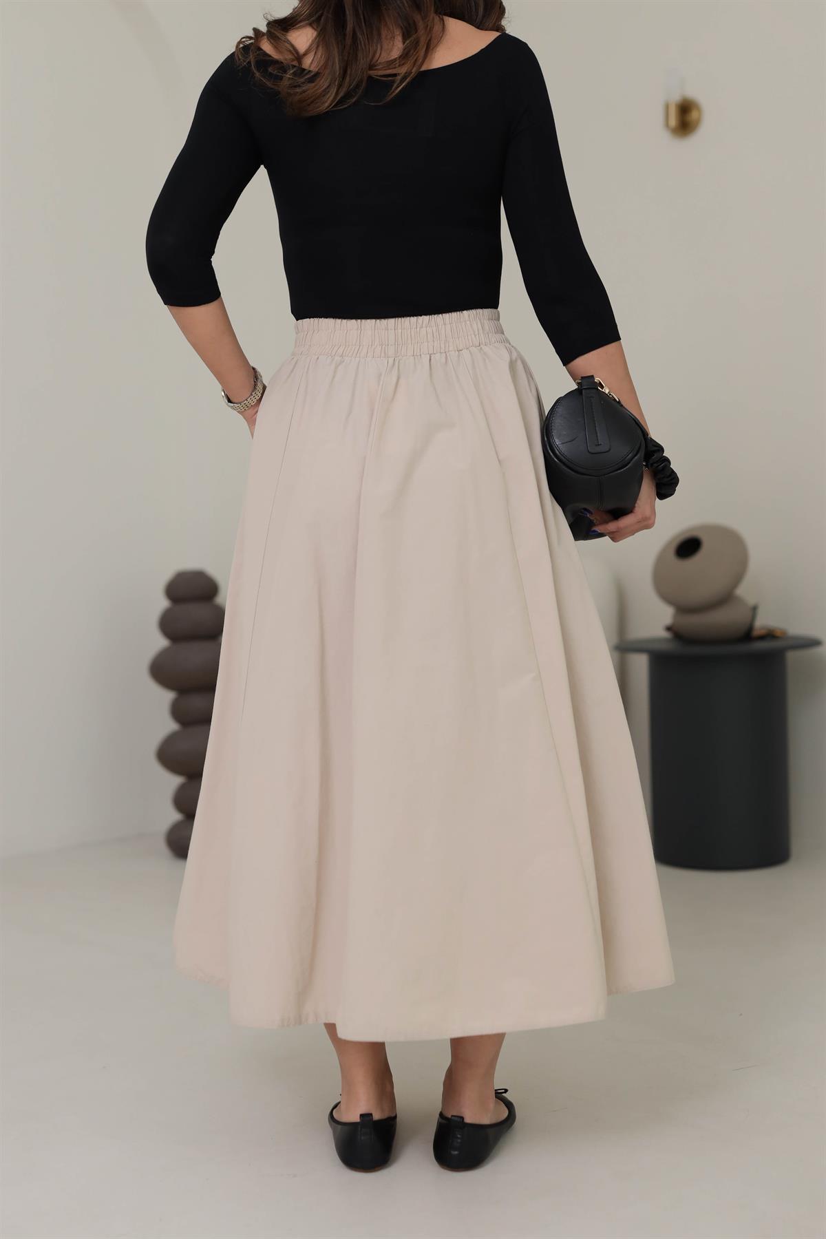 7884 Bel Lastikli Cep Detaylı Parçalı Midi Etek TAŞ