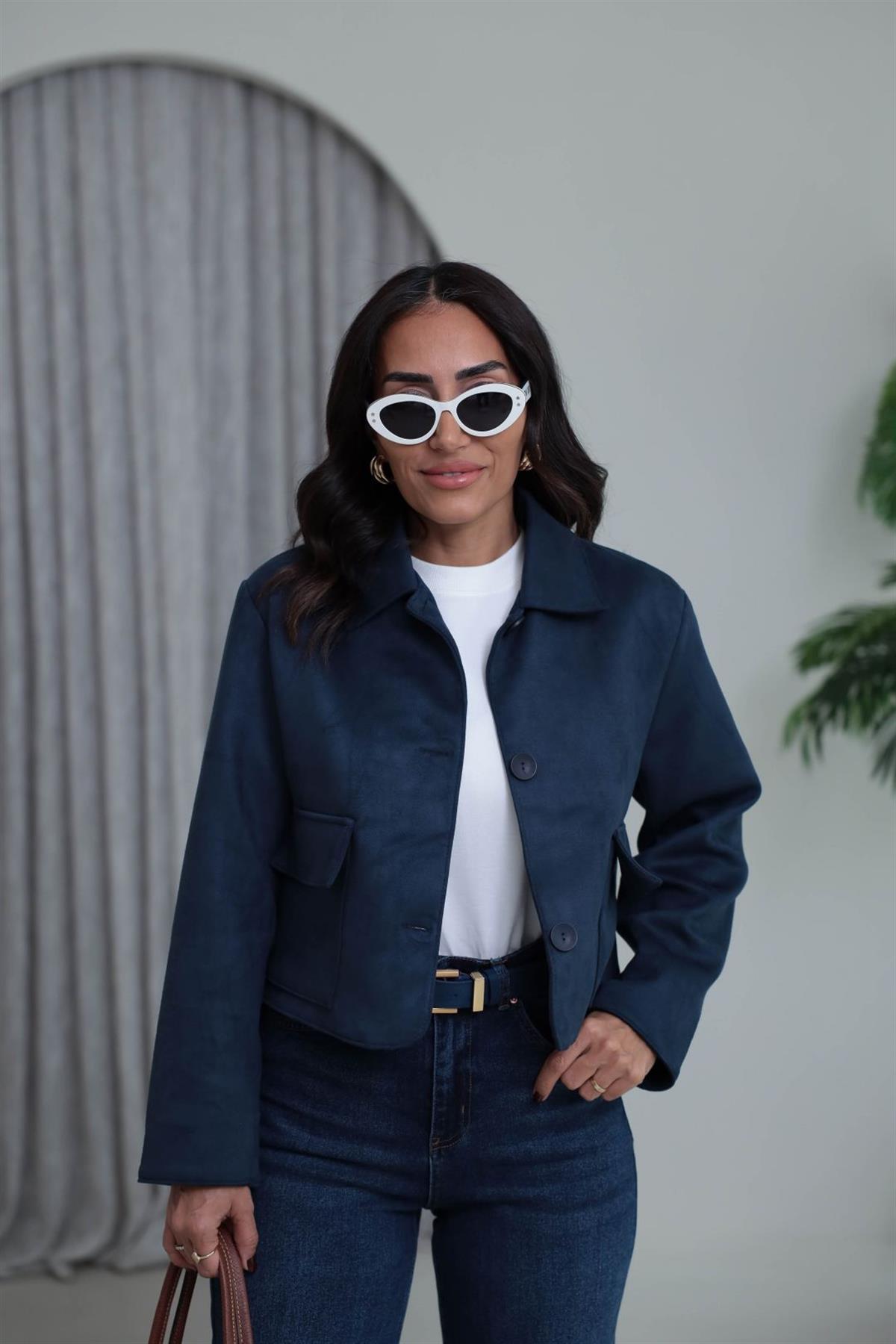 0208  Cep Detaylı Kısa Süet Ceket LACİVERT