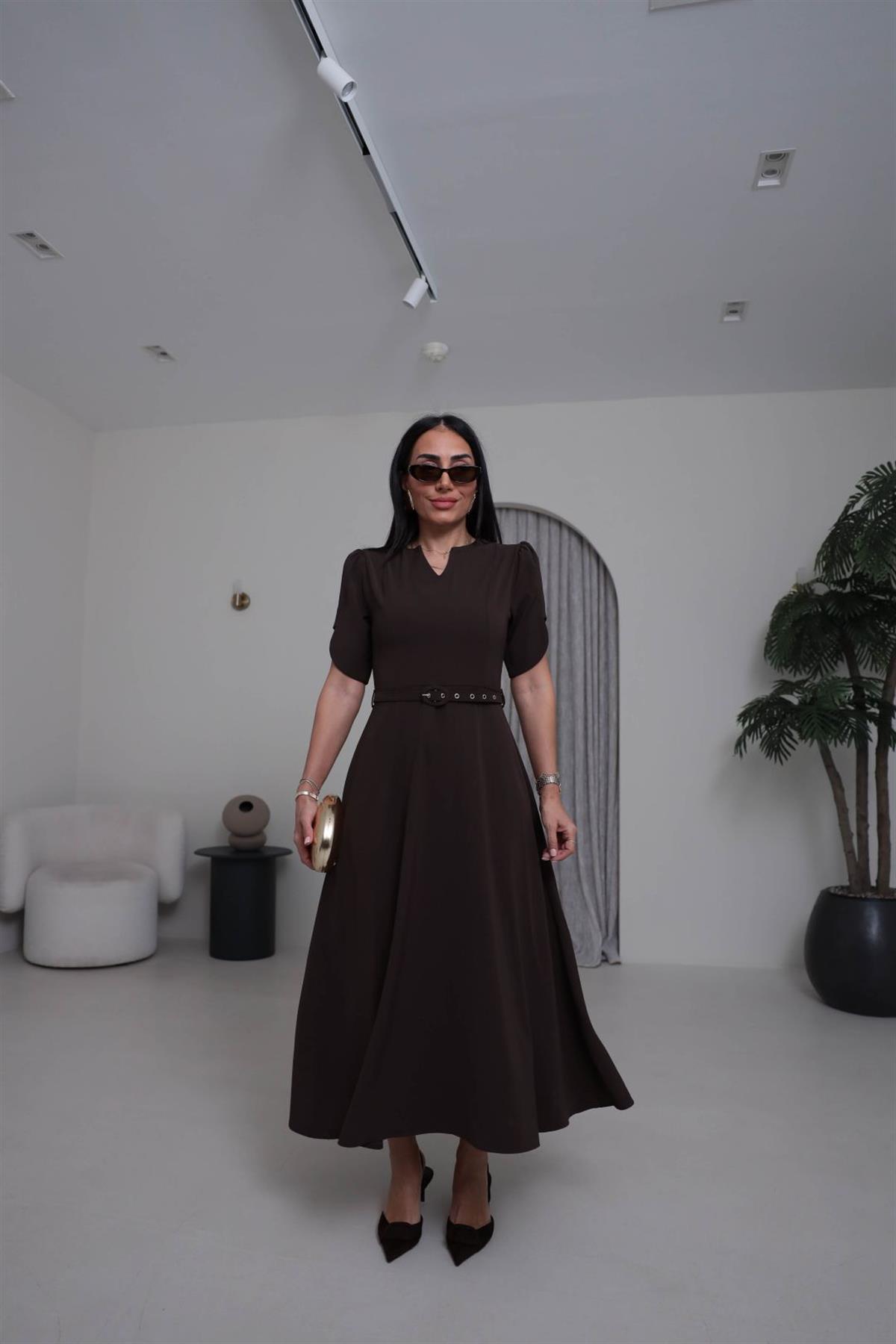 2343 Kemerli Kol Detaylı Kloş Elbise KOYU KAHVE