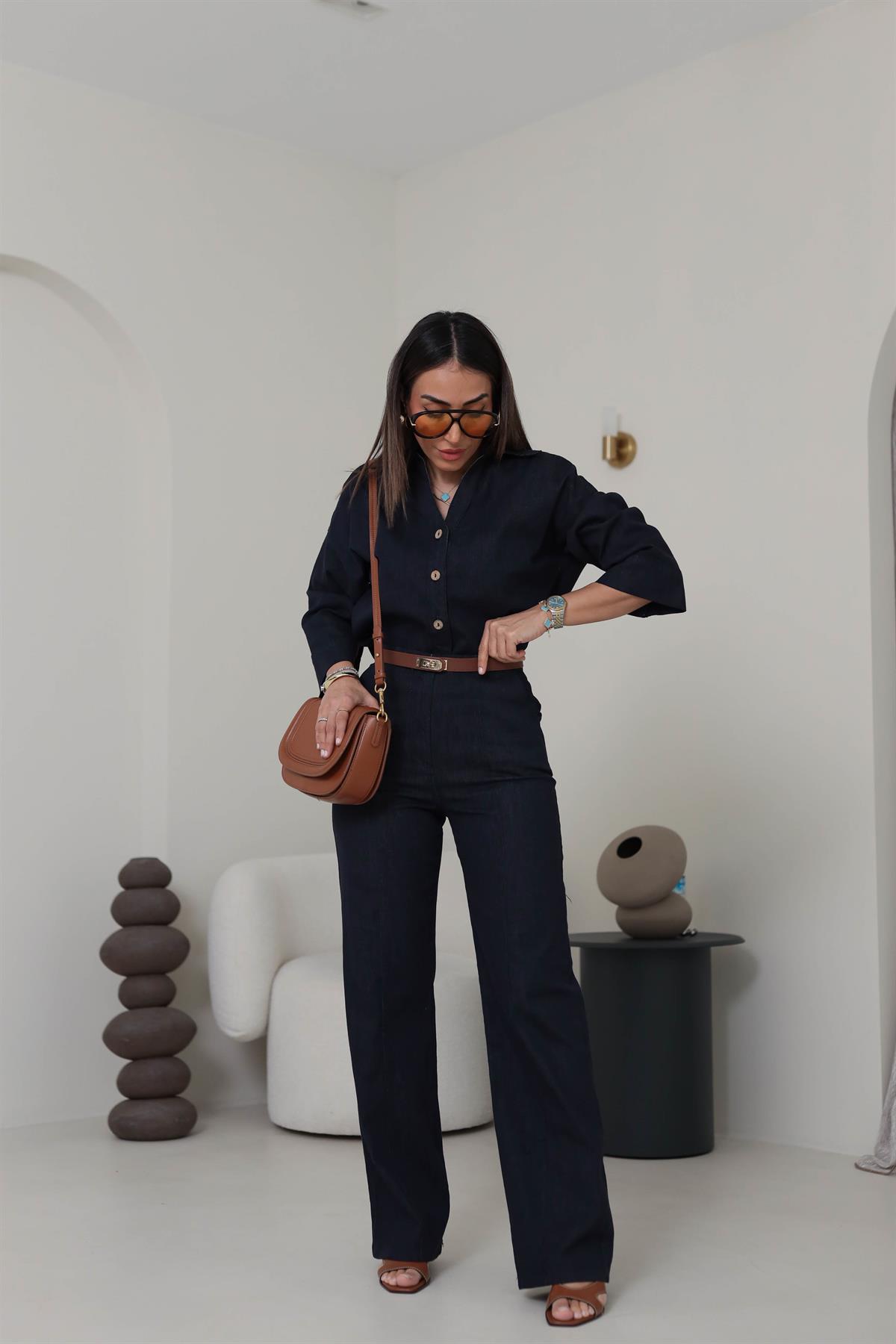 0352 Önü Çimalı Denim Rahat Takım LACİVERT