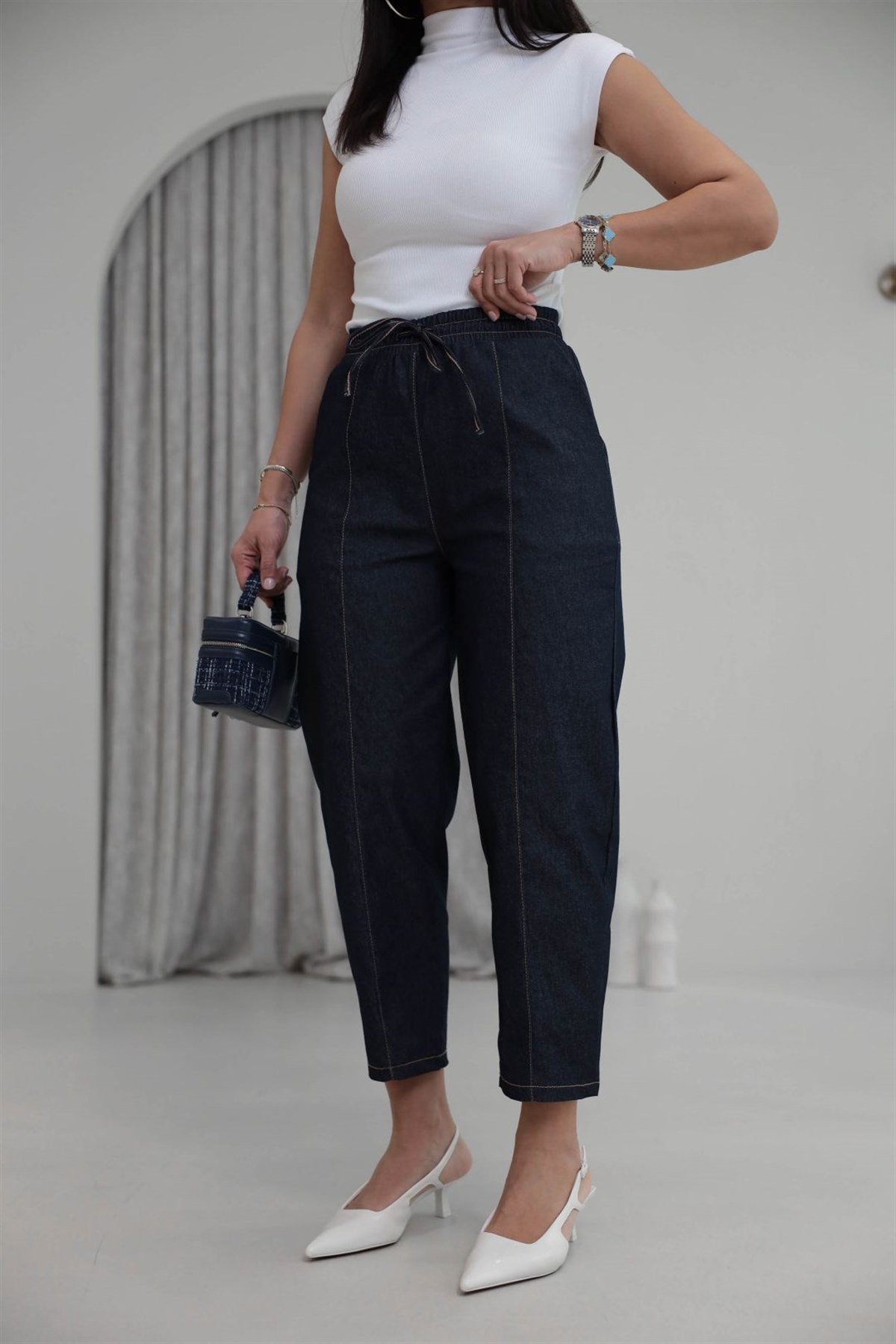 1811 Bel Lastikli Full Likralı Havuç Pantolon LACİVERT