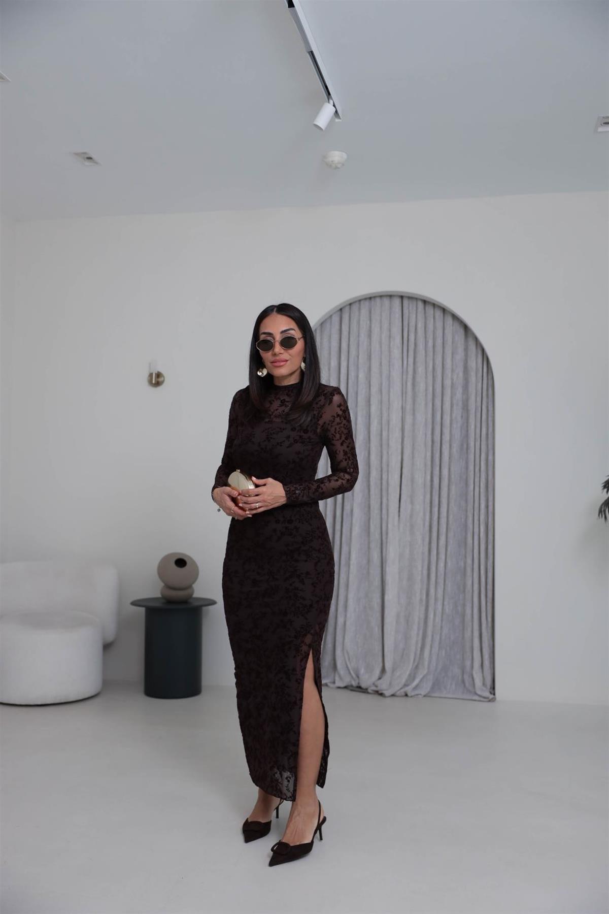 1164 Flok Baskılı Yırtmaçlı Maxi Boy Tül Elbise ACI KAHVE