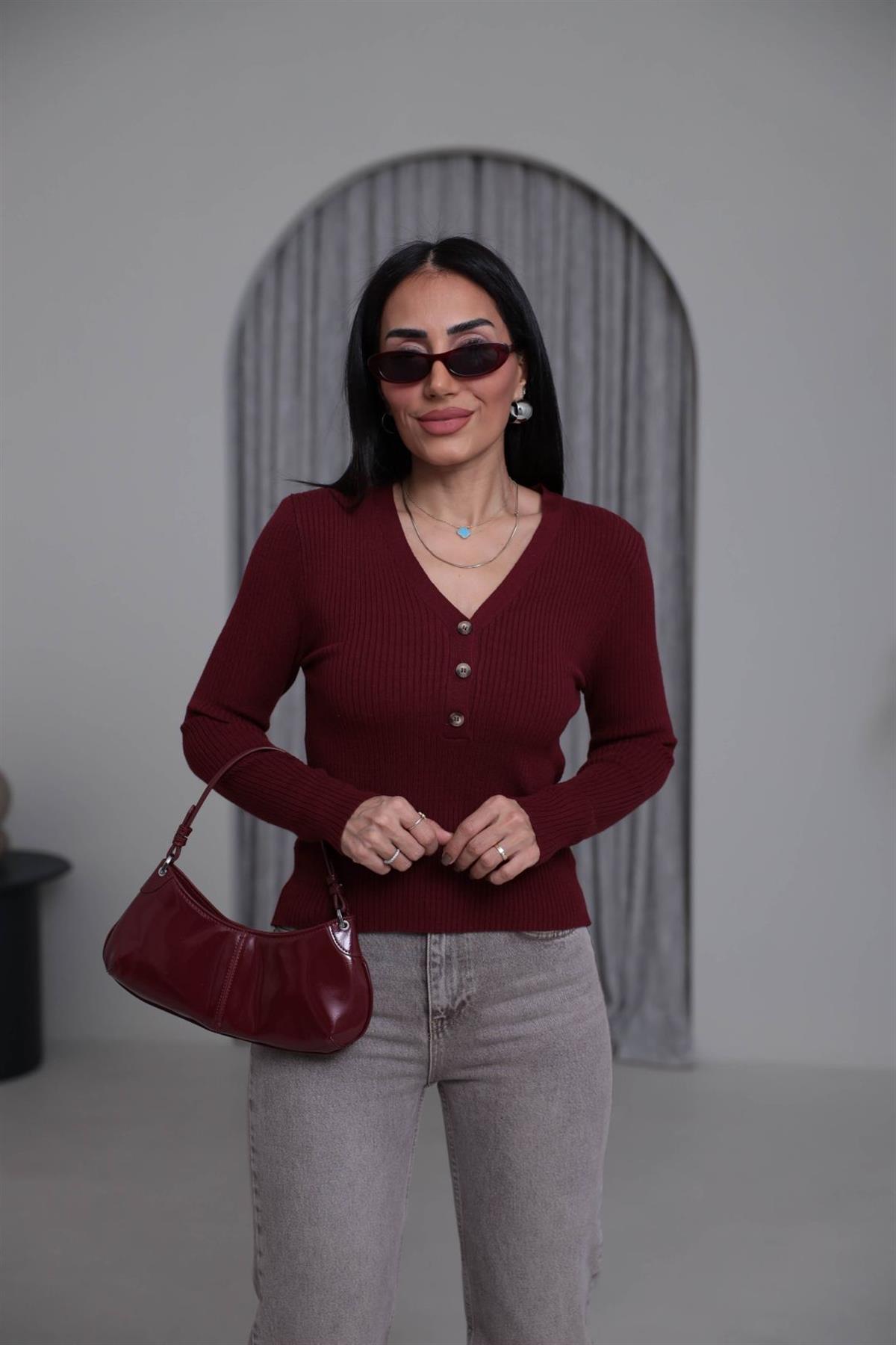 Orj V Yaka Yarım Düğmeli Korsman Triko BORDO