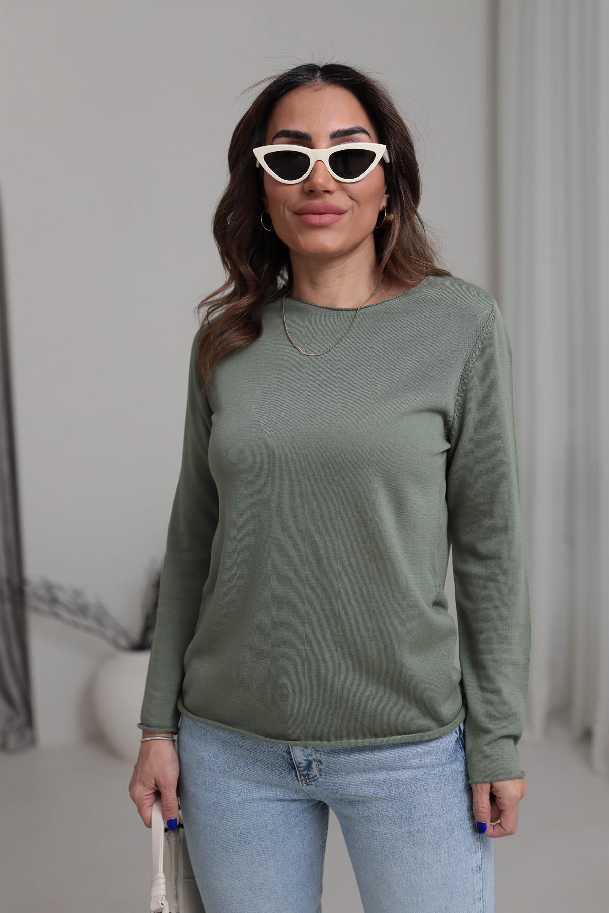 1061 Açık Yaka Uzun Kol İnce Triko HAKİ YEŞİL