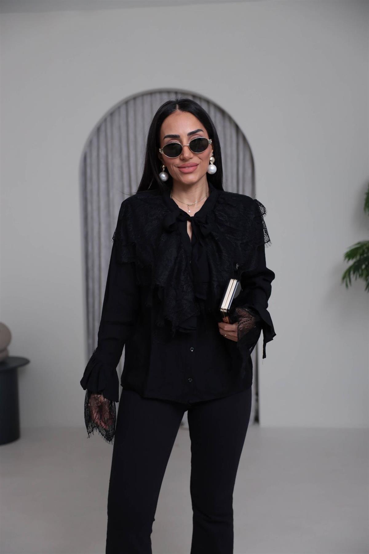 4512 Güpür Detaylı Önden Bağlamalı Gömlek SİYAH