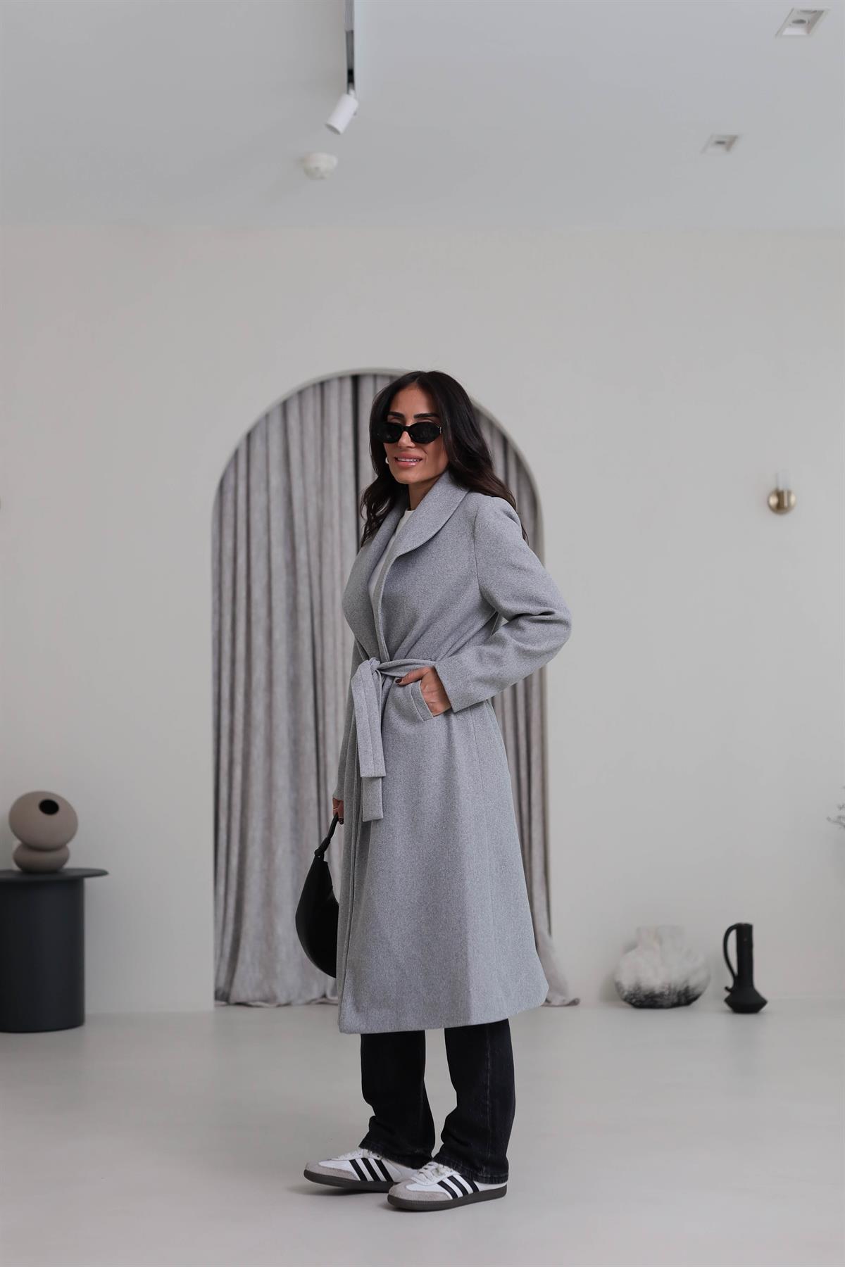 2173 Kuşaklı Kaşe Ceket GRİ