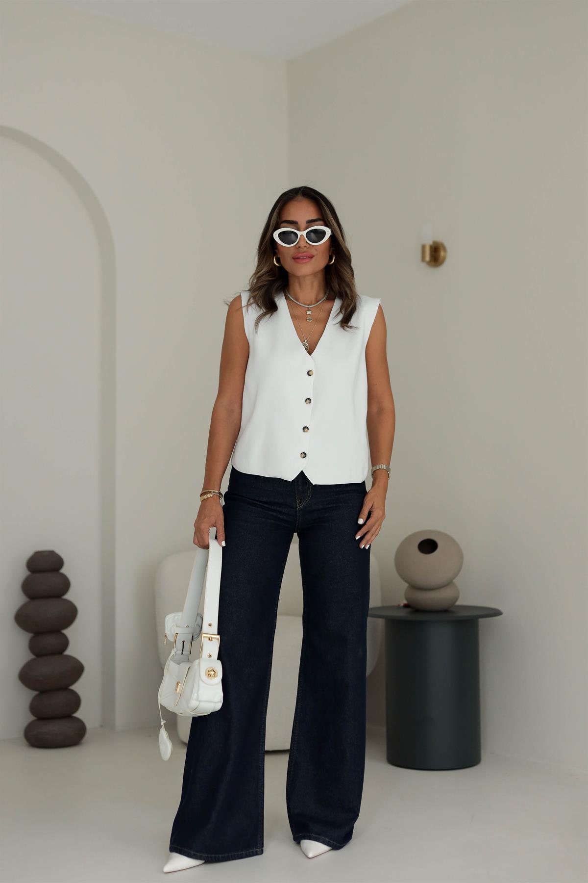 4448 Dört Düğmeli Rahat Triko Yelek EKRU