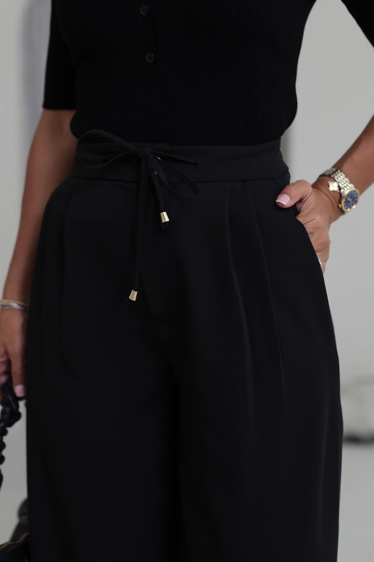 1212 Bağcık Detay Pileli Palazzo Pantolon SİYAH