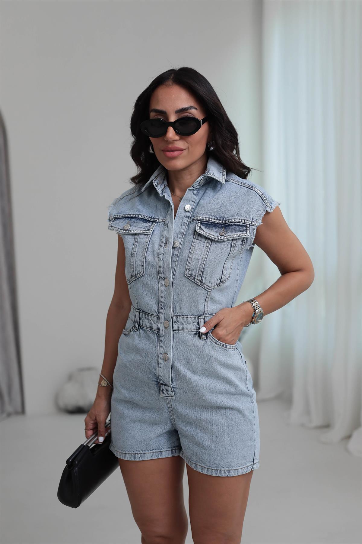 7011 Zımbalı Jean Şort Tulum BUZ MAVİ