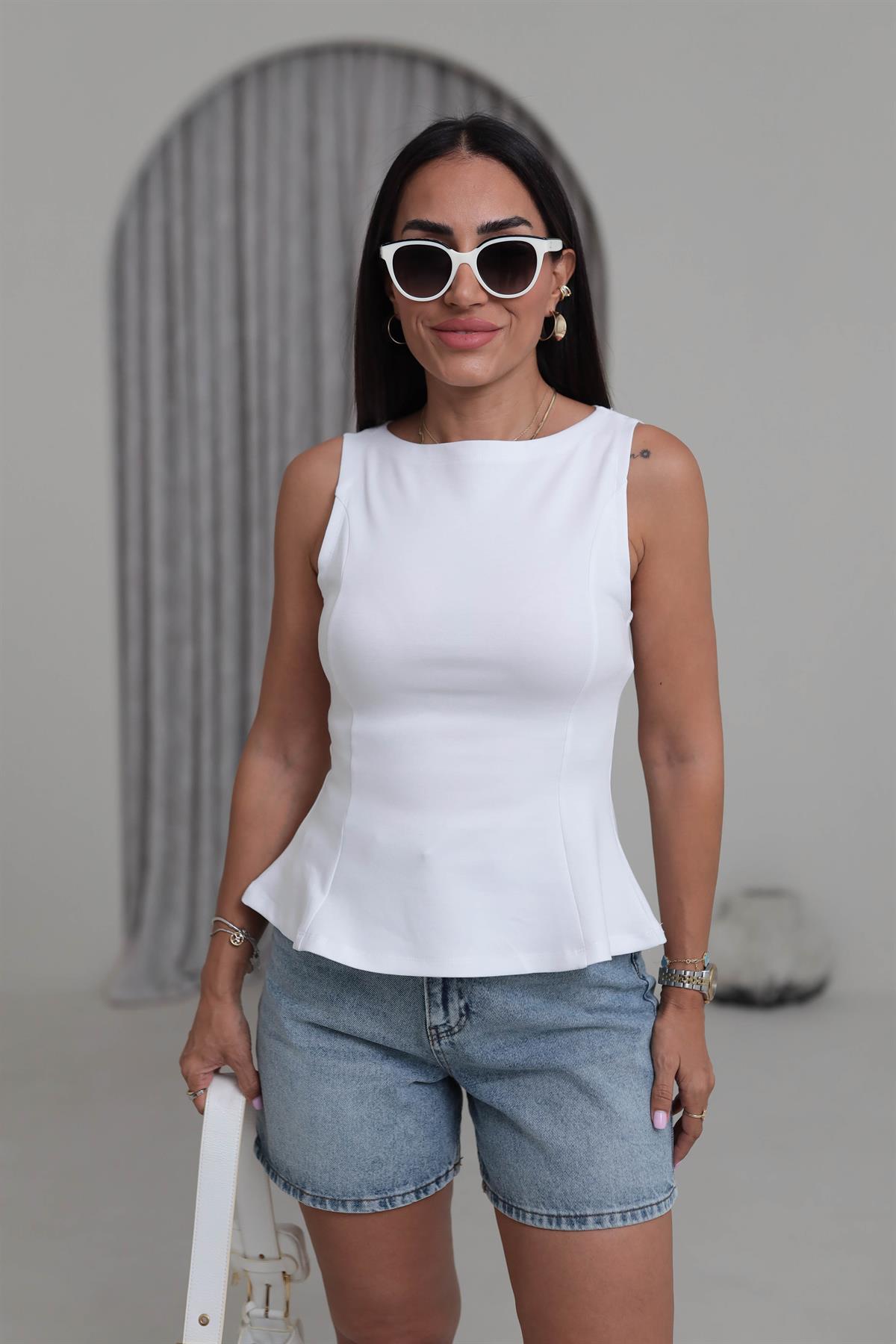 1001 Kayık Yaka Pamuklu Peplum Bluz BEYAZ