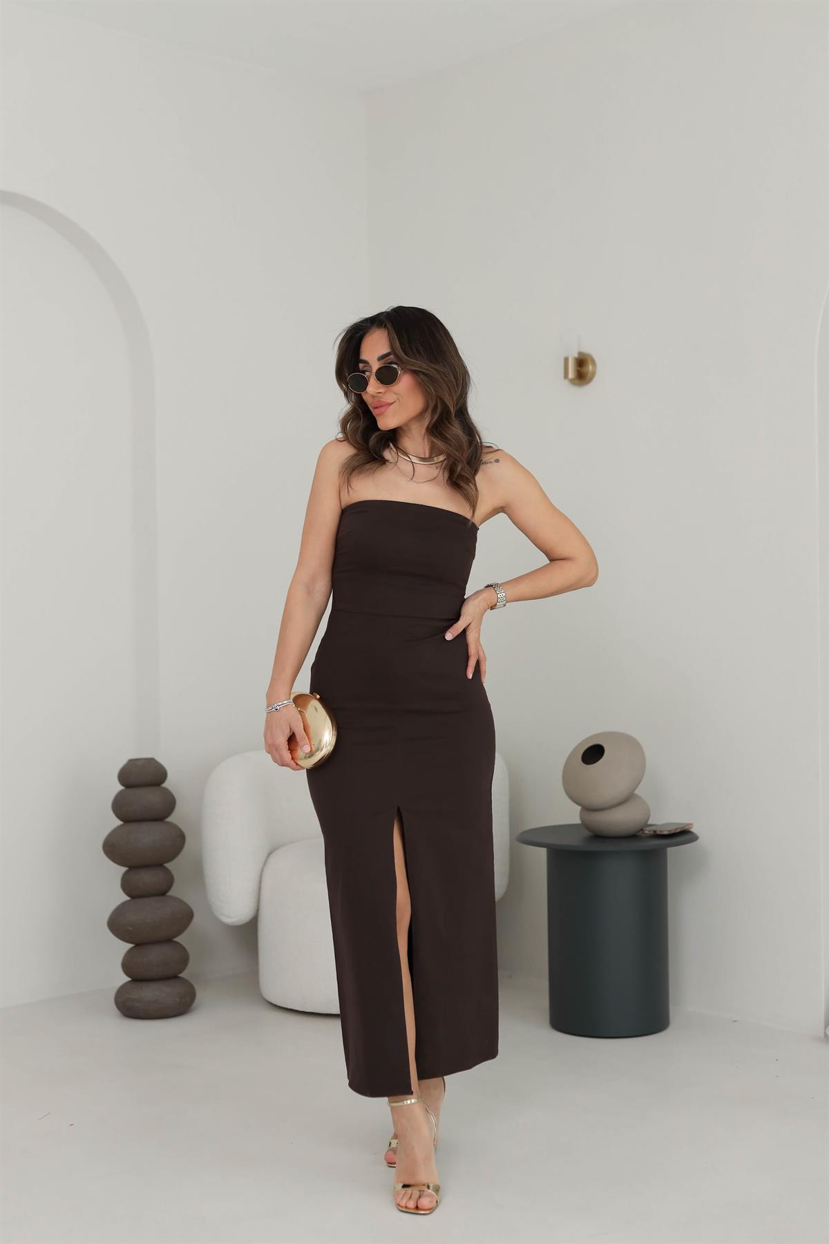 0758 Likralı Yırtmaç Detaylı Straplez Elbise ACI KAHVE