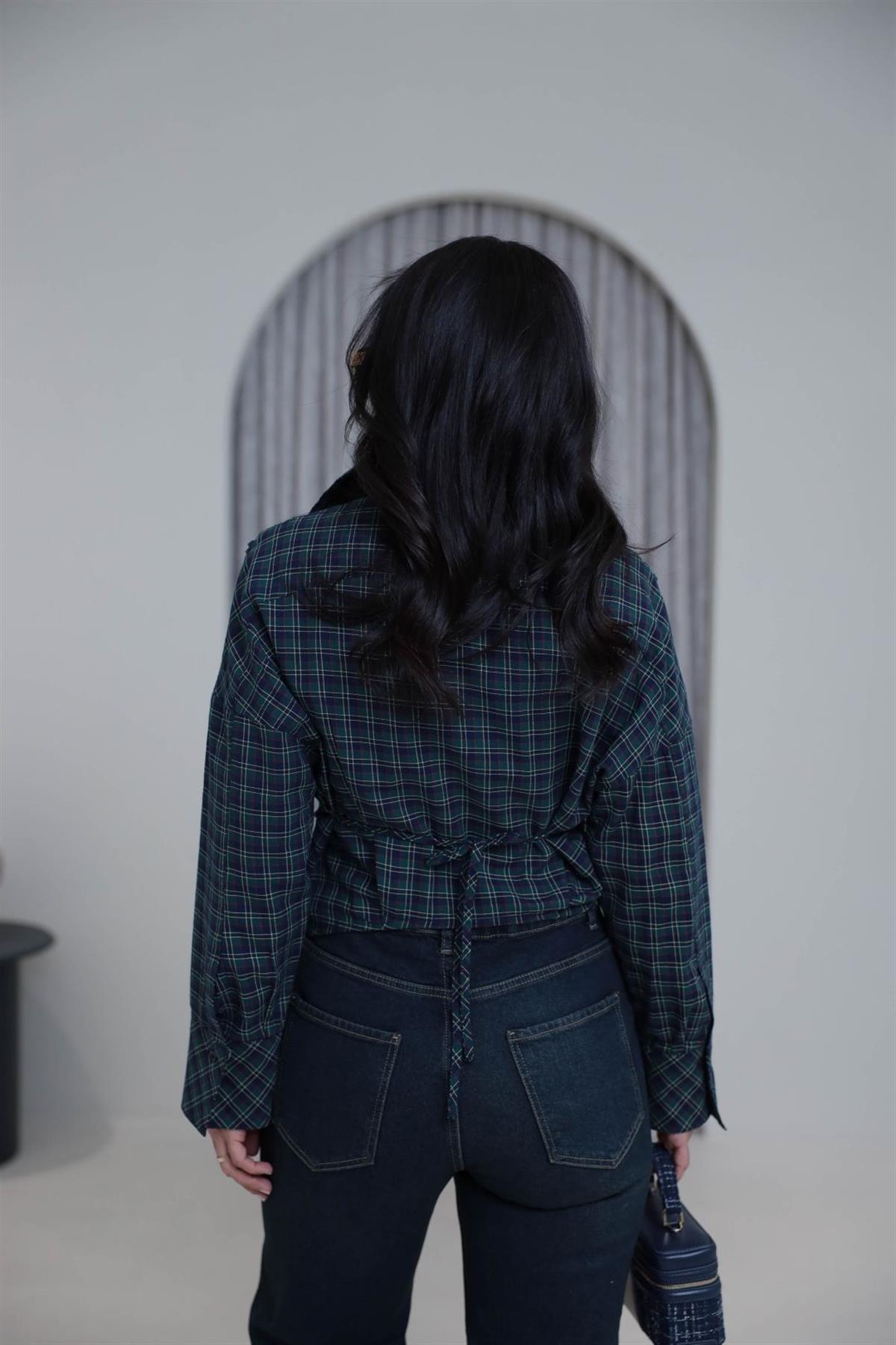 7473 Bağlama Detaylı Ekose Gömlek KOYU YEŞİL