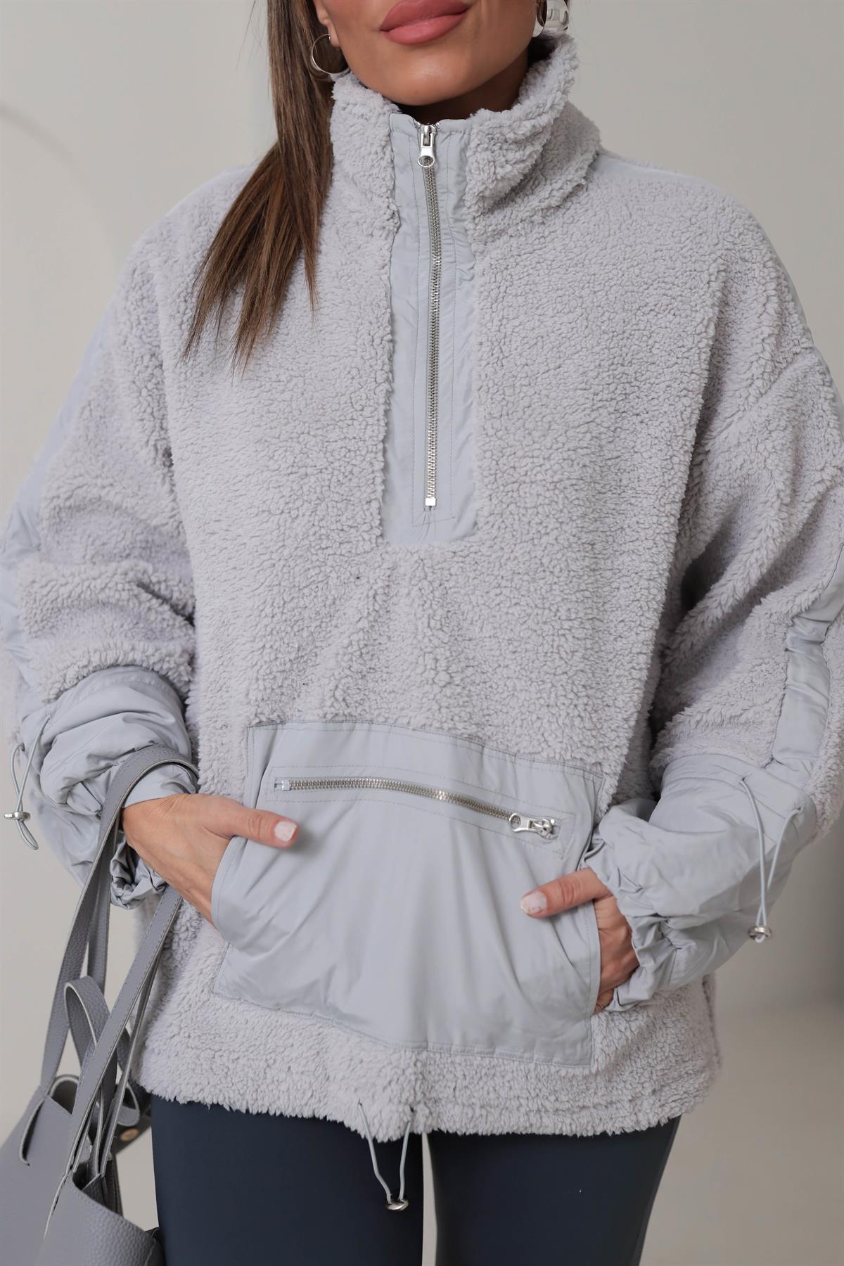 Yarım Fermuarlı Paraşüt Kumaş Detaylı Sweatshirt GRİ