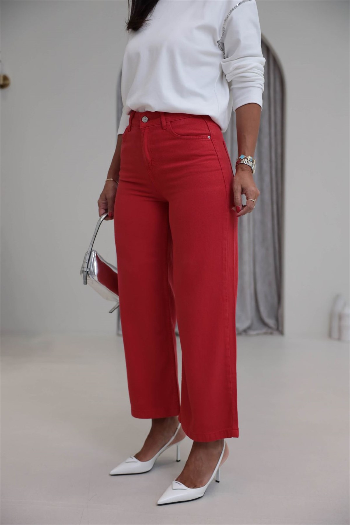 1027 Culotte Tencel Kumaş Pantolon KIRMIZI