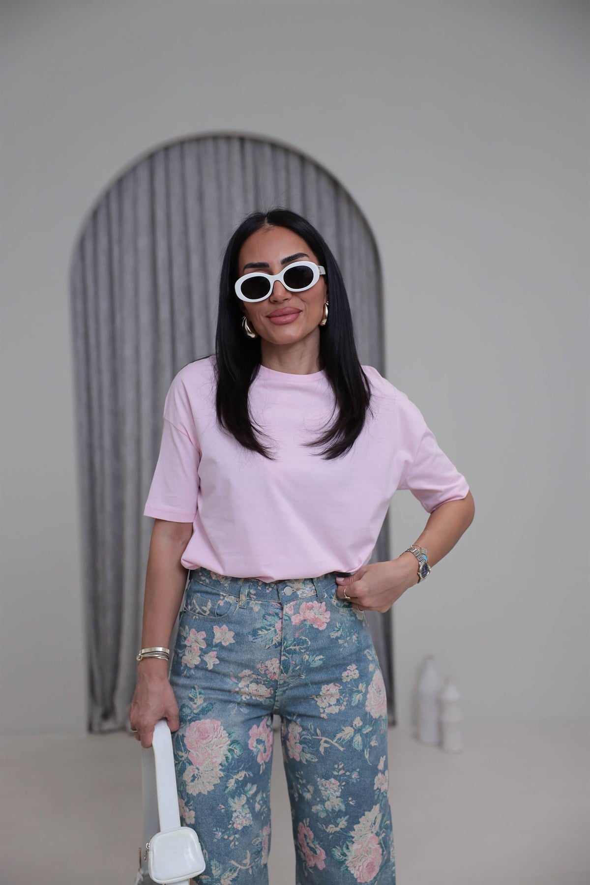 3683Y Bisiklet Yaka Pamuklu Basic Tshirt PEMBE