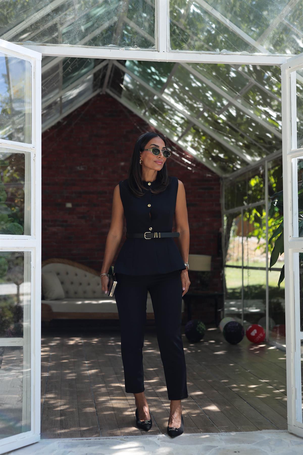 7195 Kemerli Yelekli Double Takım SİYAH