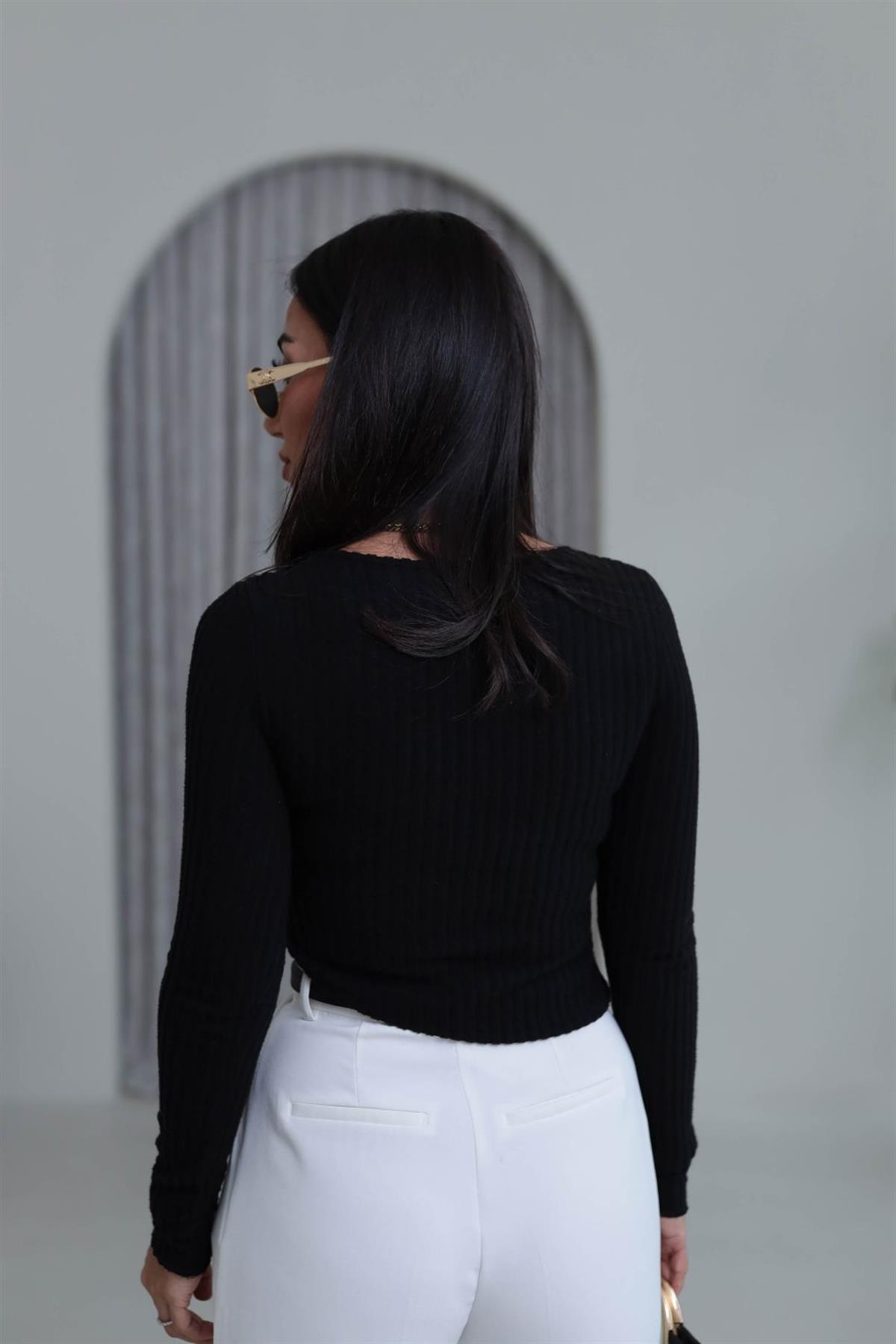 2074 Fitilli Triko Gold Düğmeli Hırka SİYAH