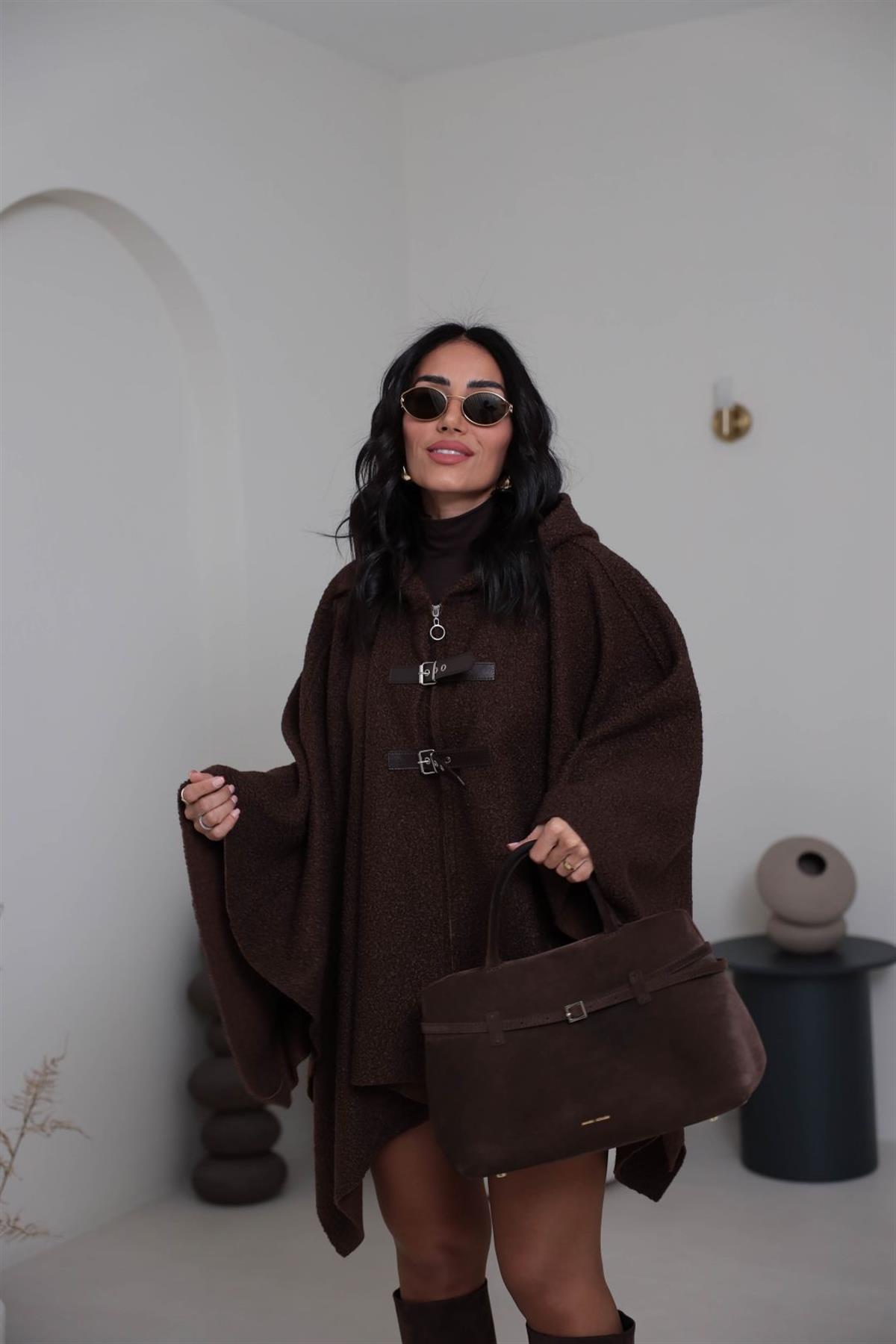 9175 Kemer Detay Kapşonlu Buklet Panço KAHVE