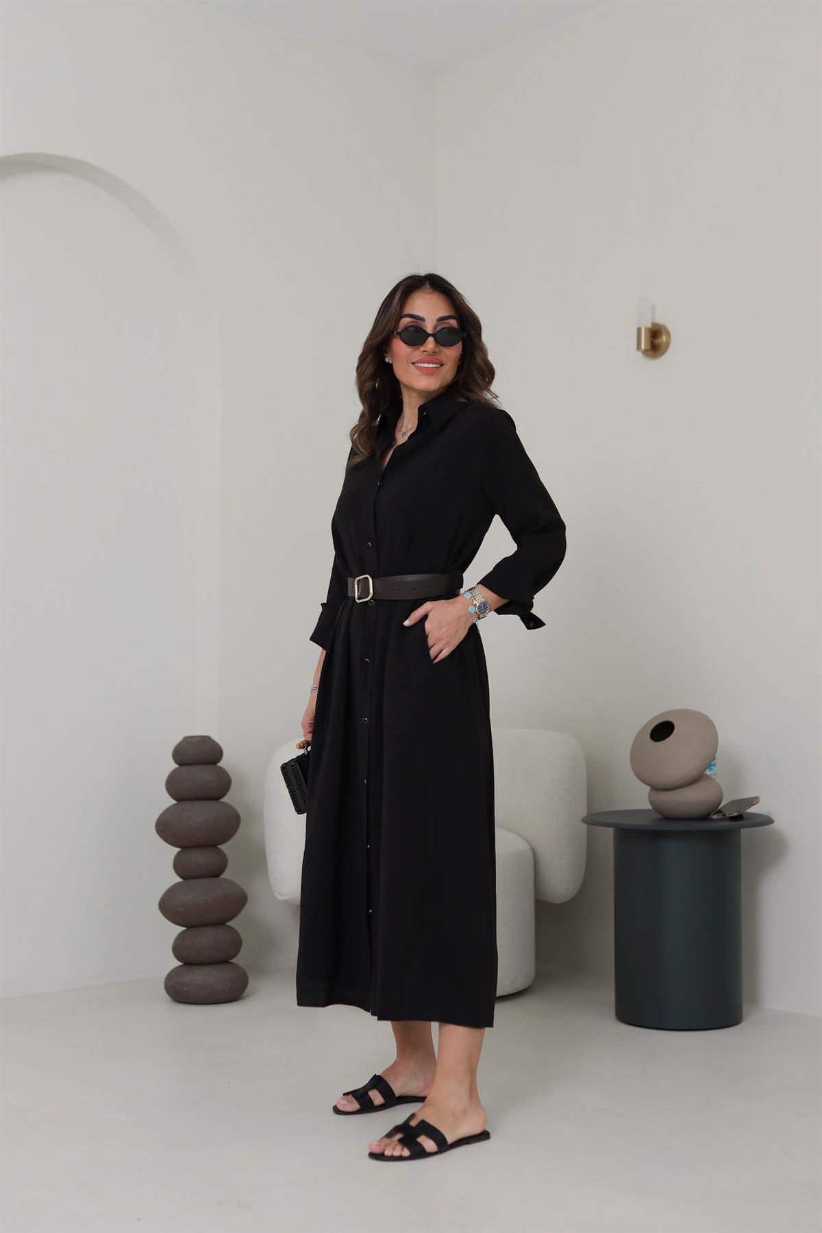 0286 Gold Düğmeli Tencel Gömlek Elbise SİYAH