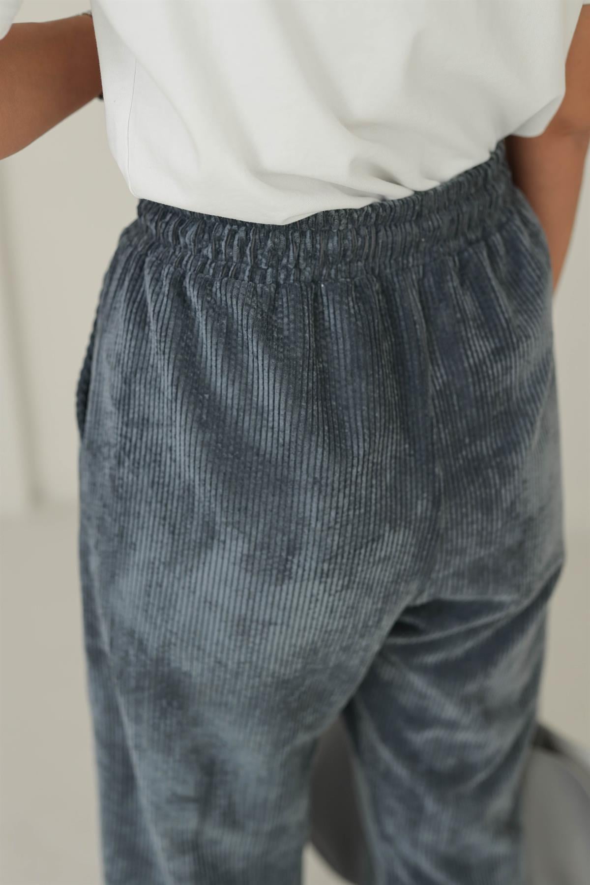 1211 Bol Kalıp Bel Lastikli Kadife Pantolon ANTRASİT