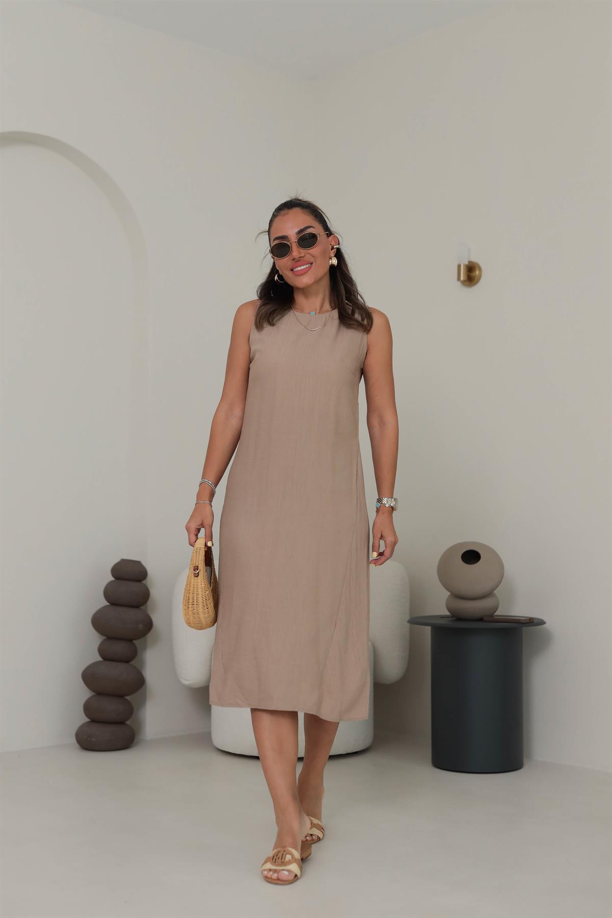 7633 Kolsuz Tiril Elbise BEJ