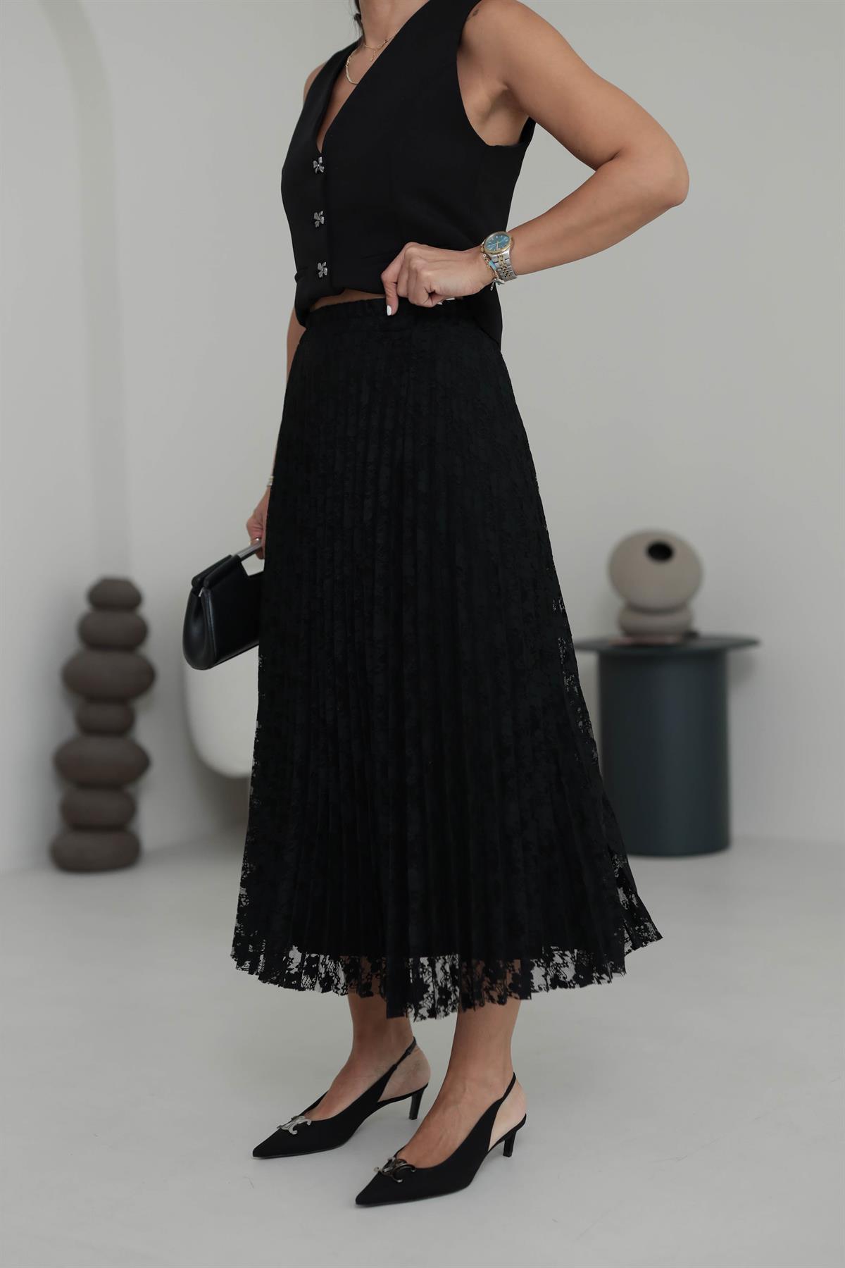 7206 Dantelli Pliseli Etek SİYAH