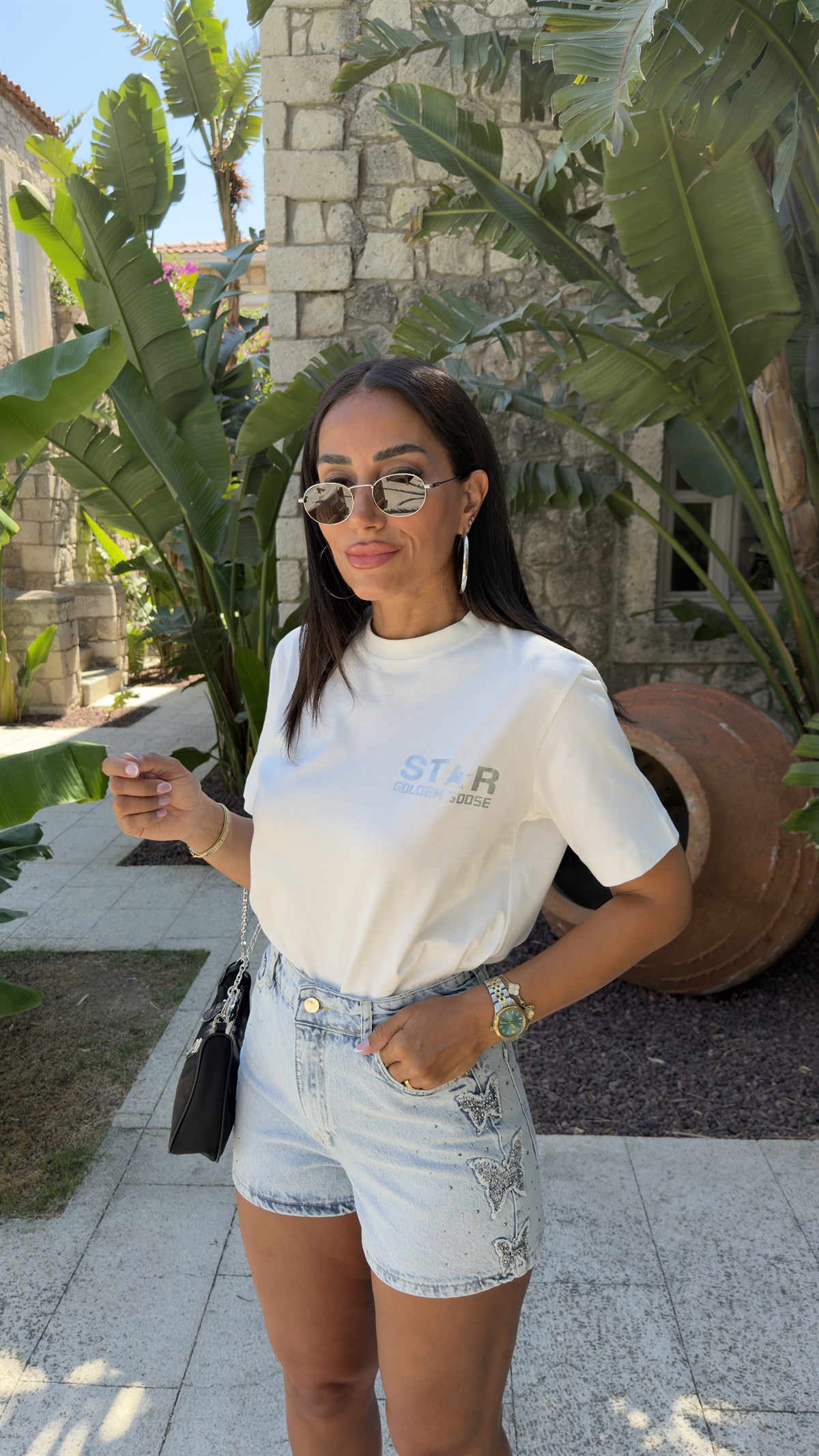 1093 Silver Star Baskılı Tshirt EKRU