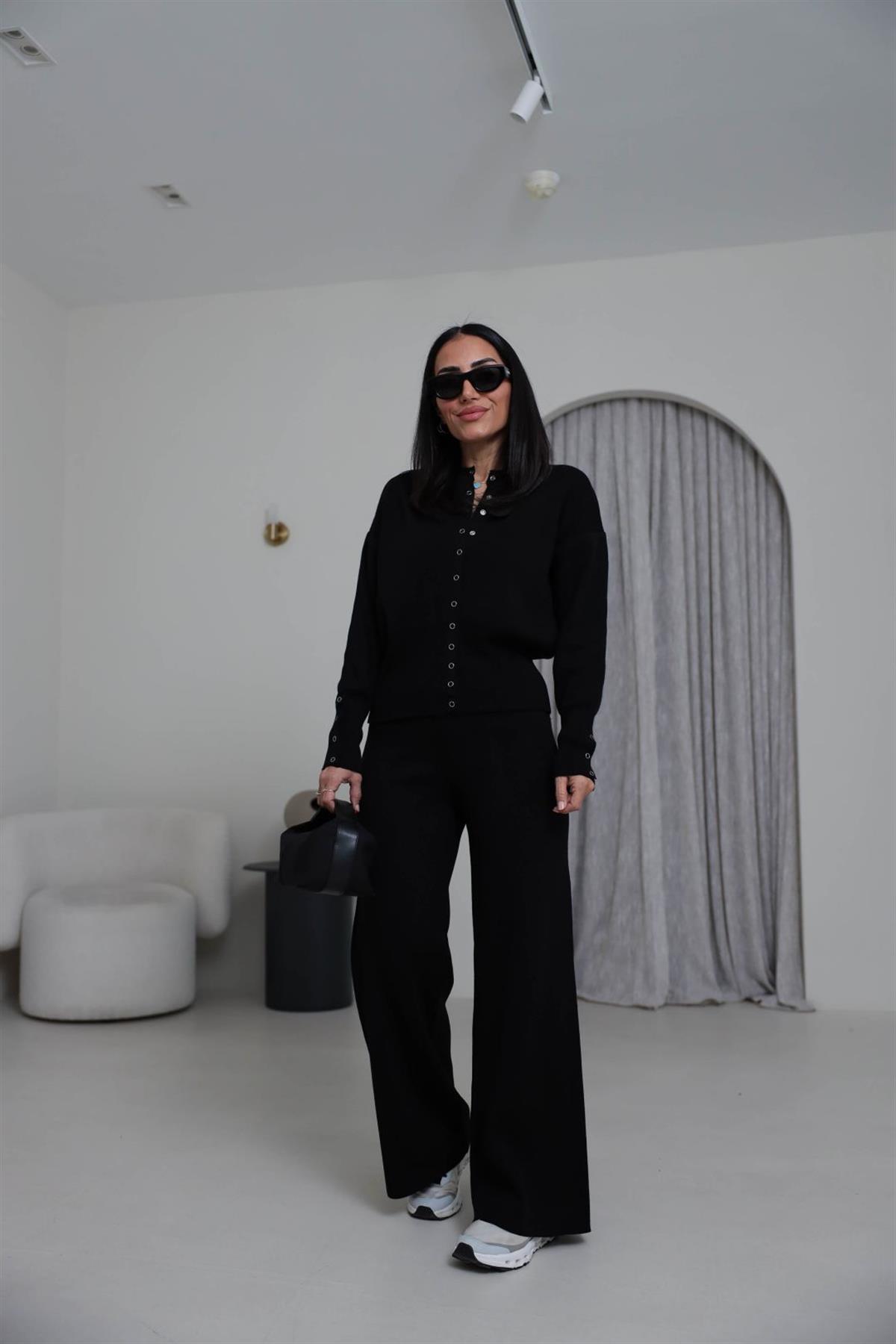 0129 Bisiklet Yaka Çıtçıt Detaylı Triko Takım SİYAH