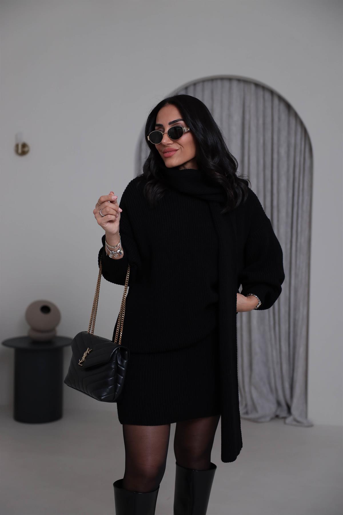 2581 Bisiklet Yaka Şal Detaylı Örgü Etek Takım SİYAH