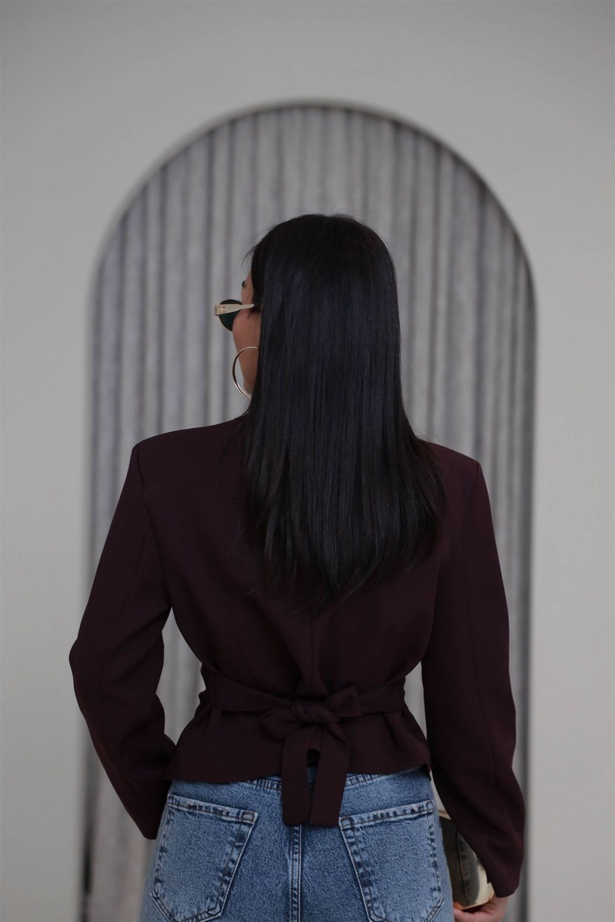 Vatkalı Asimetrik Belden Kuşaklı Ceket BORDO