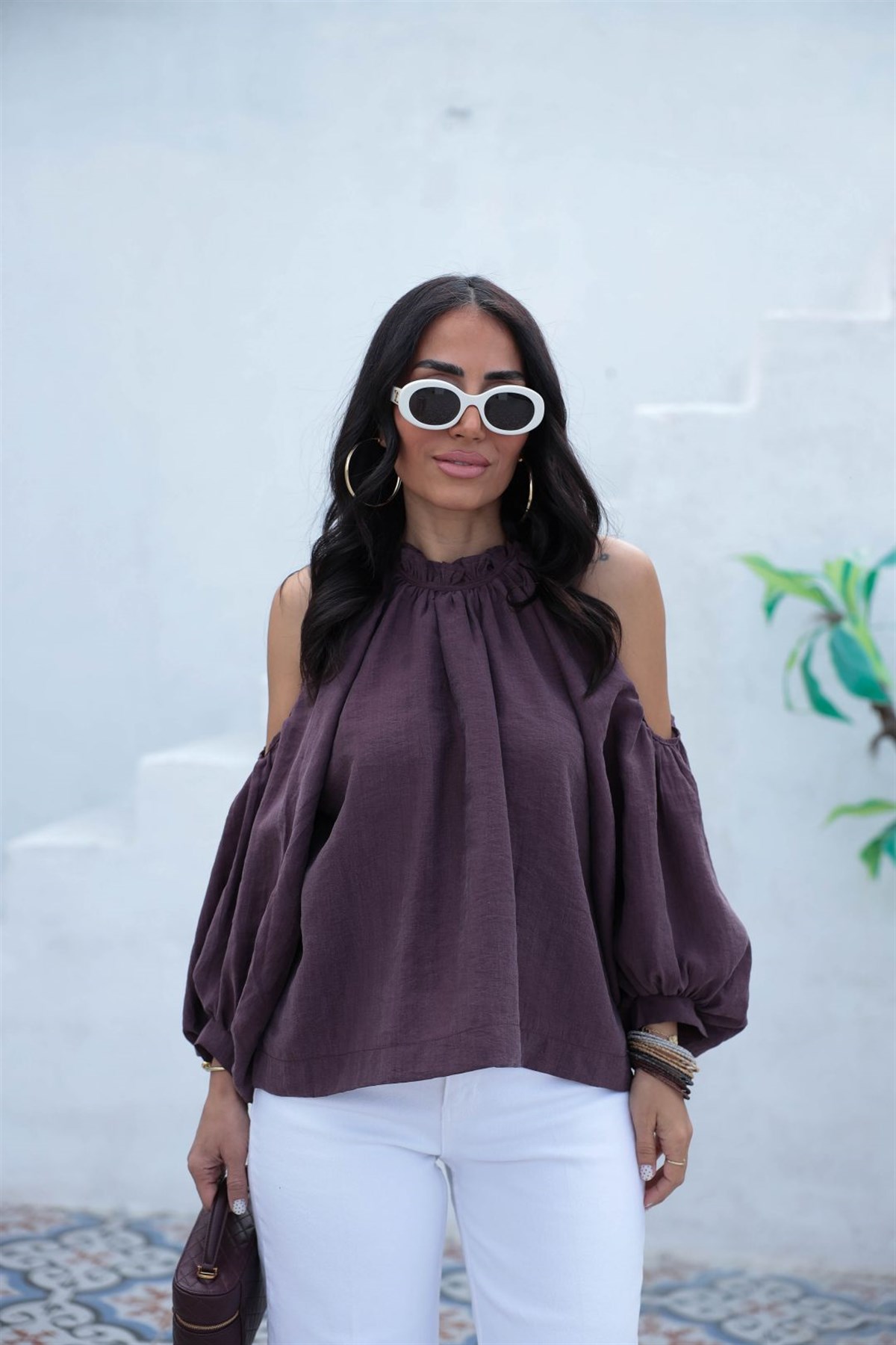 3264 Büzgülü Kol Dekolteli Bluz MÜRDÜM