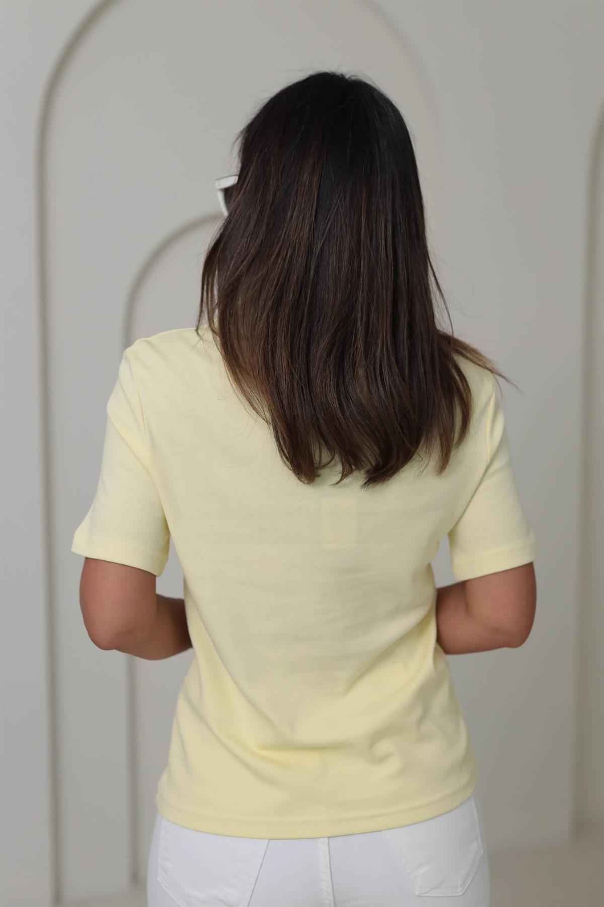 1075 Bisiklet Yaka Pamuklu Basic Tshirt AÇIK SARI